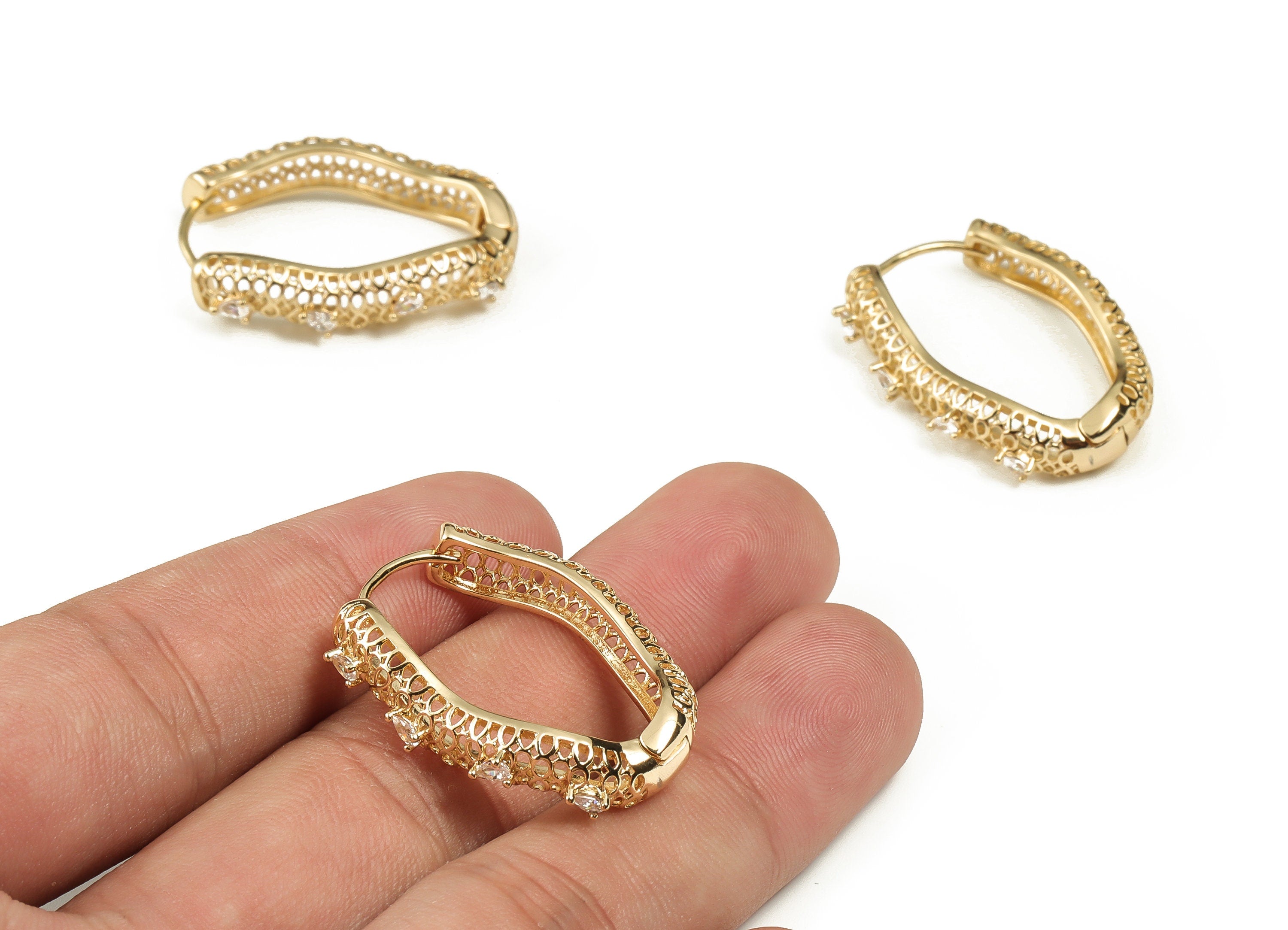 Brass Oval Hoop Earring - Zircon Stud Earrings - Minimalist Earrings - 18k Gold Plated Brass - Jewelry Supplies -31.85x21.53x4.47mm- RGP3208 - DOMEDBAZAAR