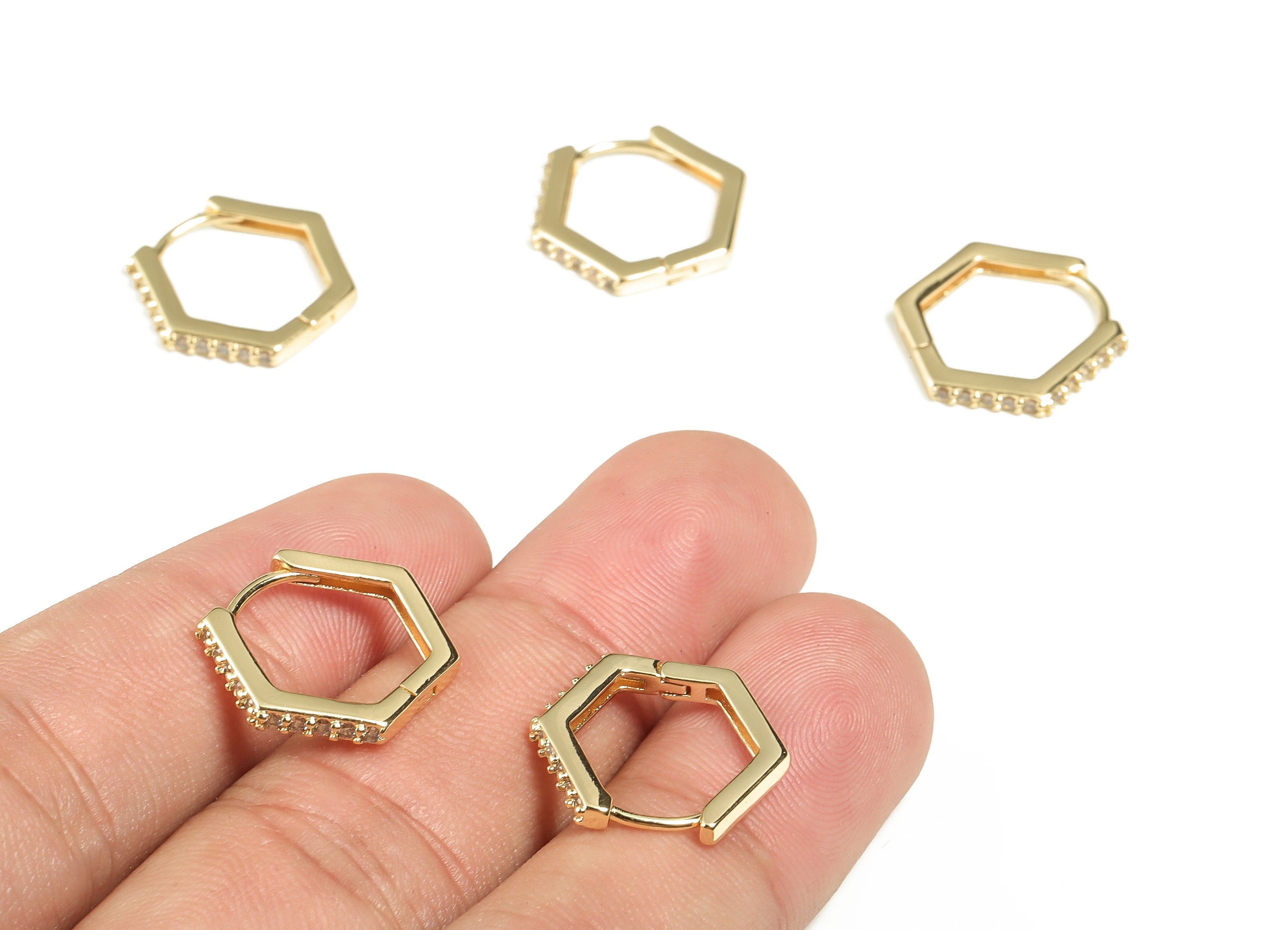 Brass Hexagon Hoop Earrings - Brass Studs Earrings - Geometric Earrings with Zircon - 18K Real Gold Plated Brass -17.36x15.62x2.1mm- RGP3206 - DOMEDBAZAAR
