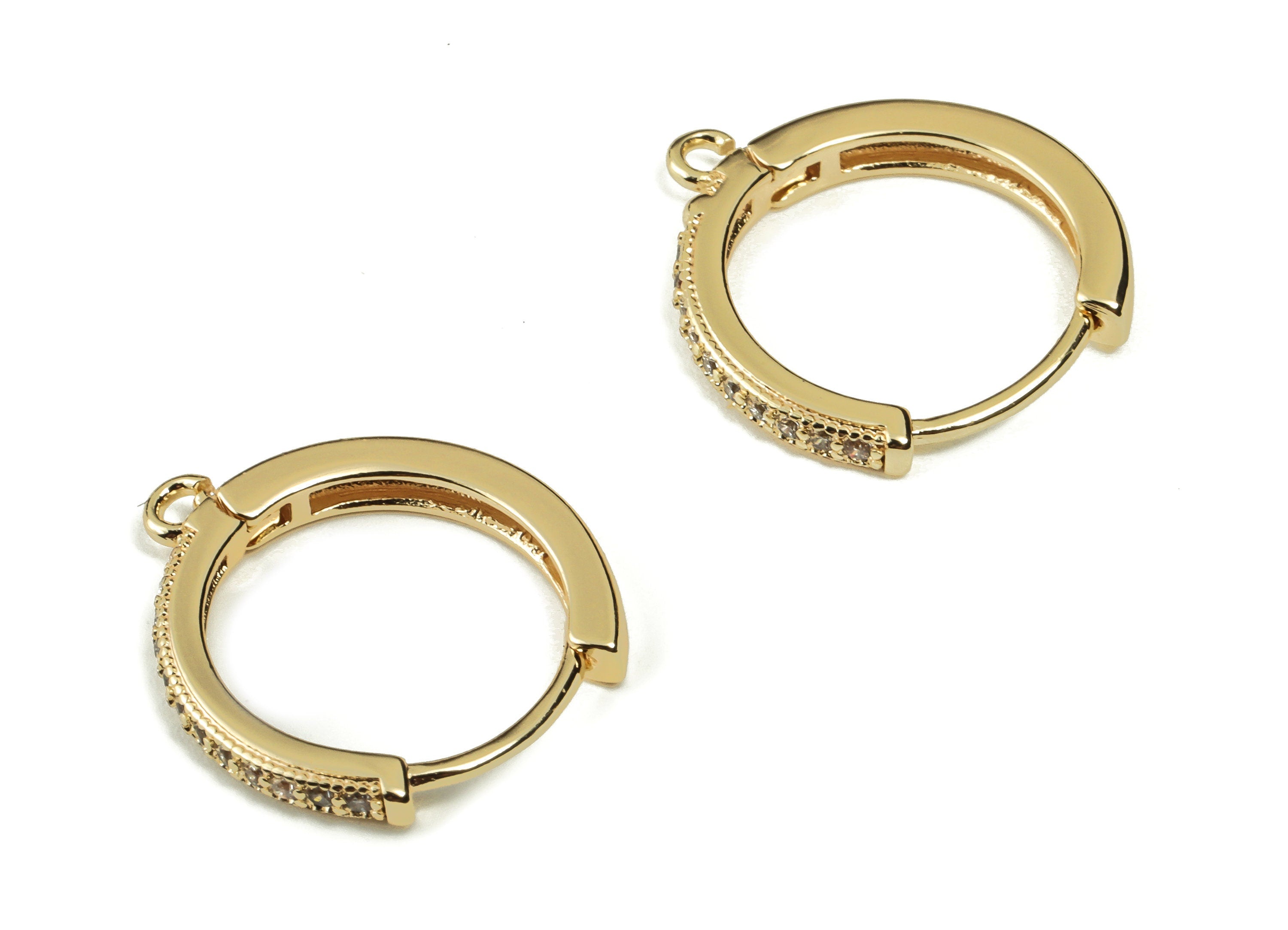 Brass Round Hoop Earring - Gold Hoop Huggie with Zircon - 18k Real Gold Plated Brass Stud Earrings- Jewelry Supplies -16.77x15.8x2mm-RGP3210 - DOMEDBAZAAR