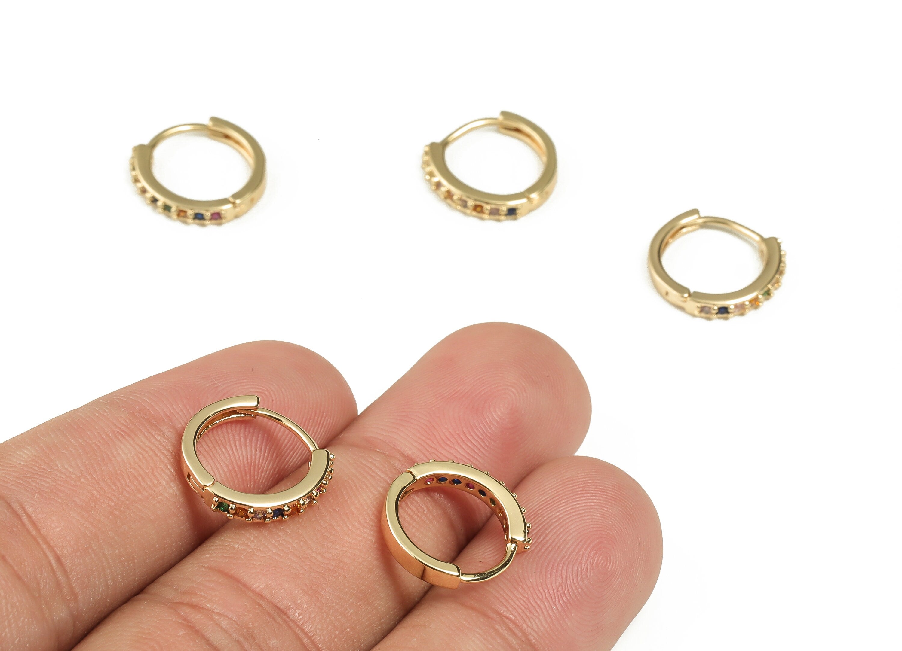 Brass Round Huggie Hoop Earrings - Multicolor Zircon Hoops – Stud Earrings – 18K Real Gold Plated Brass - 13.72×13.07×2.35mm - RGP3243 - DOMEDBAZAAR