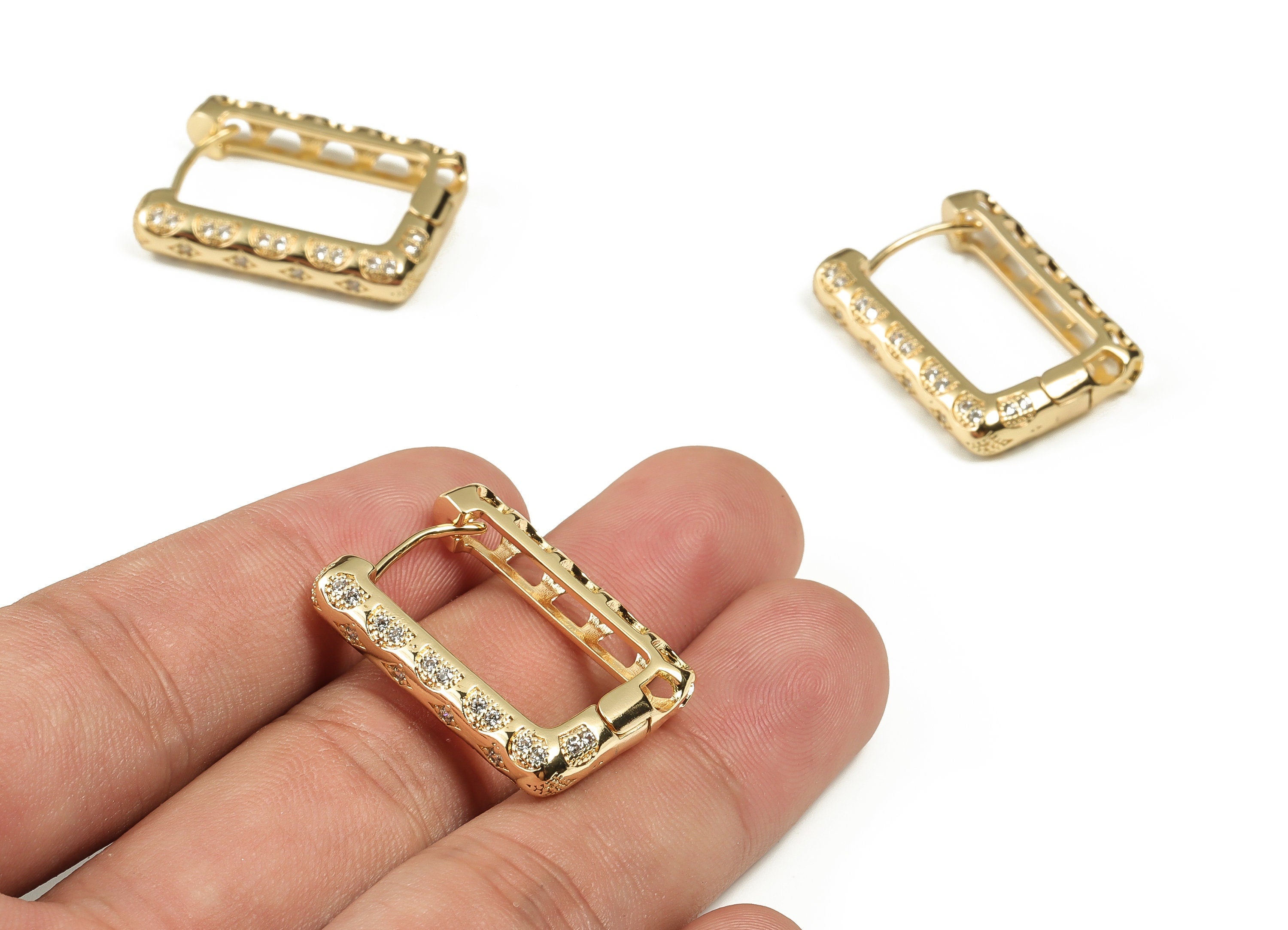 Brass Rectangle Hoops Earring – Zircon Earring Hoops – Dainty Hoop Earrings – 18K Real Gold Plated Brass - 28.27x19.89x3.55mm - RGP3193 - DOMEDBAZAAR