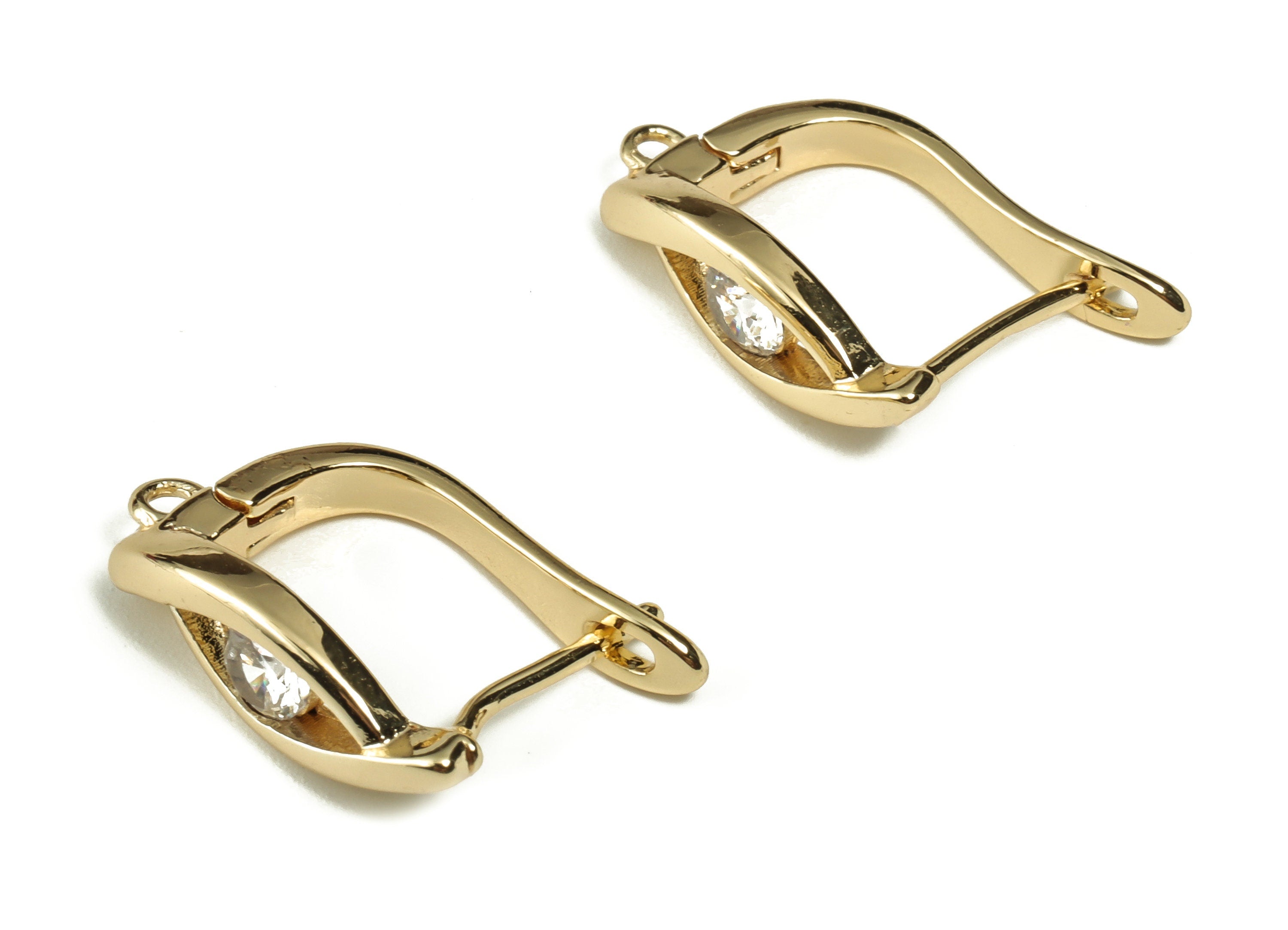Brass Zircon Earring Stud - Brass Gold Leverback Earrings - 18K Real Gold Plated Brass – Earring Findings - 18.81×11.9×2.07mm - RGP3191 - DOMEDBAZAAR