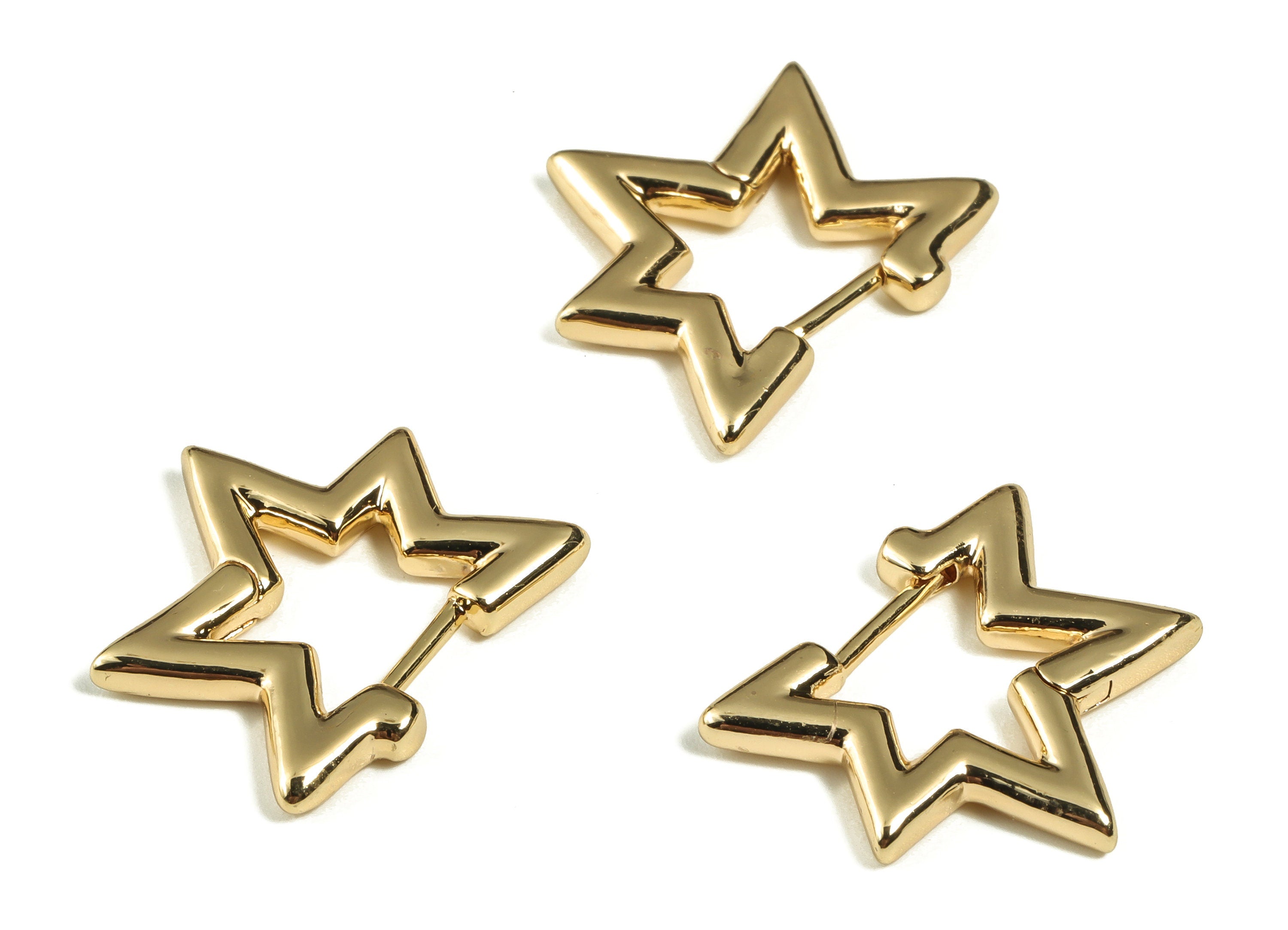 Brass Star Shaped Hoop Stud Earrings - Brass Star Hoops - 18k Real Gold Plated Hoops - Jewelry Making Supplies -18.3x16.27x2.42mm- RGP3256 - DOMEDBAZAAR