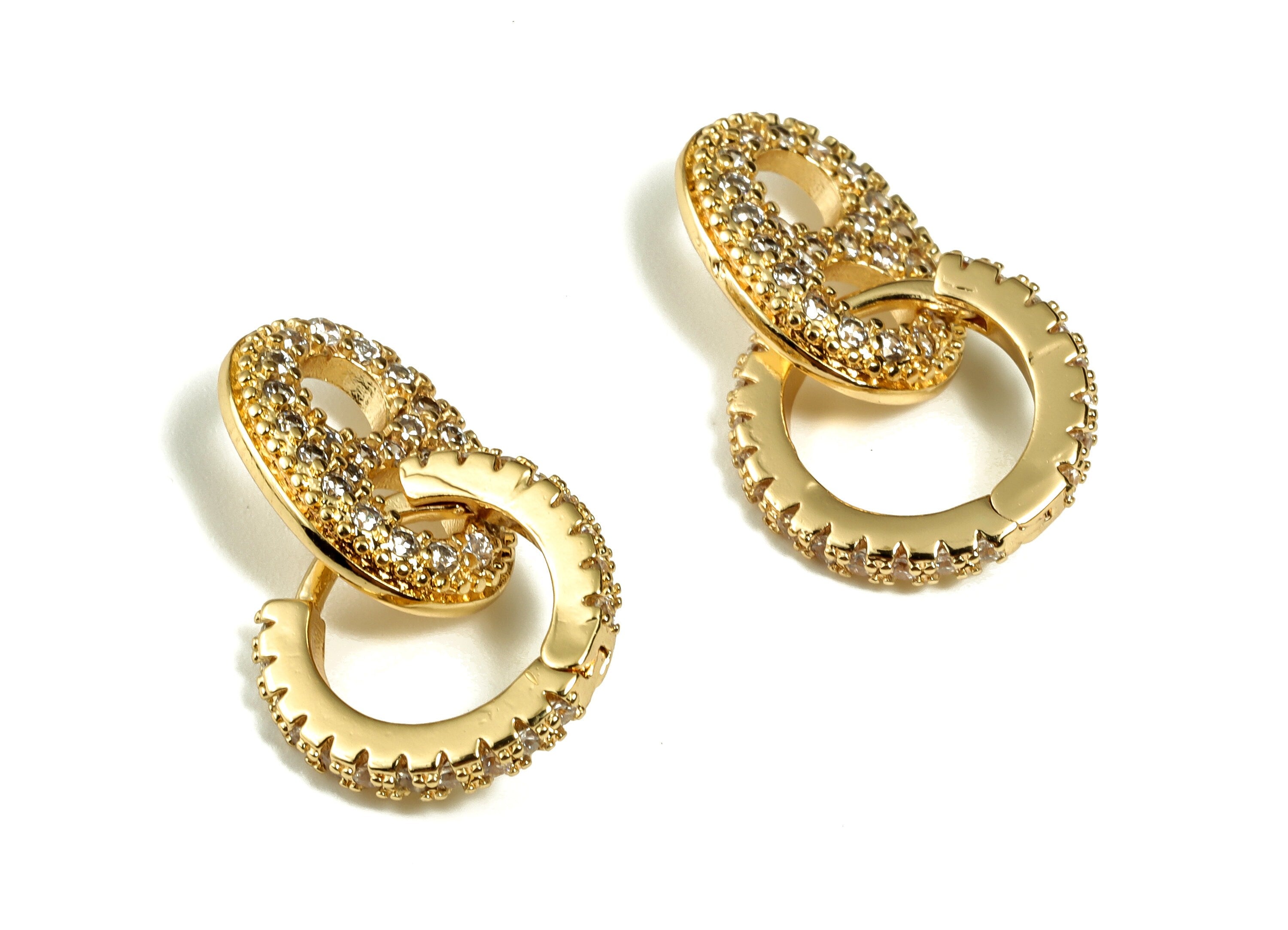 Brass Round Hoop Earring - Double Ring Hoop Earring with Zircon - 18K Real Gold Plated Brass - Jewelry Supplies -21.92x14.01x2.27mm- RGP3081 - DOMEDBAZAAR