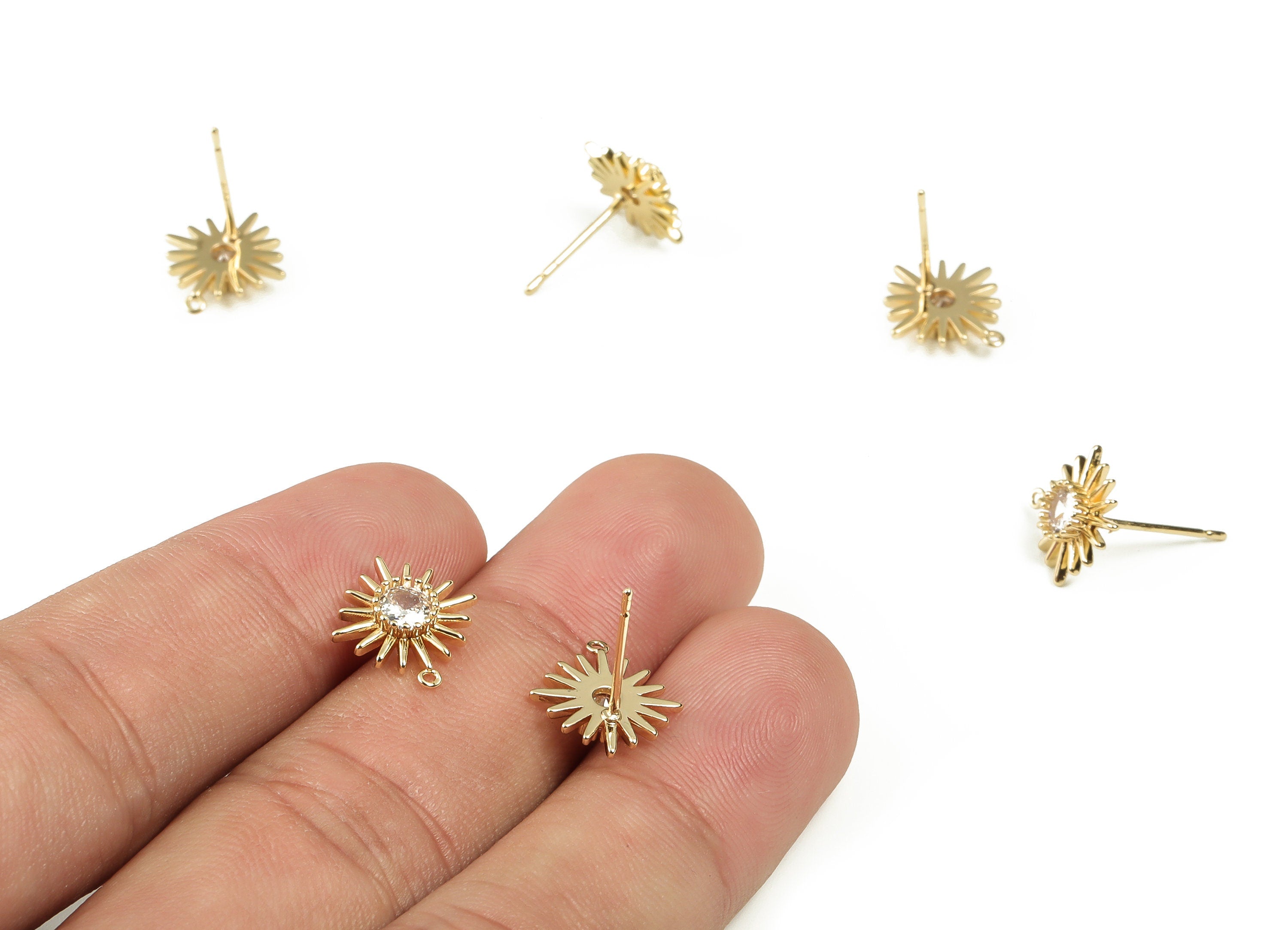 Brass Starburst Stud Earrings with Zircon - 18K Real Gold Plated Brass Stud Earrings - Jewelry Making Supplies -12.57x11.82x2.64mm - RGP3280 - DOMEDBAZAAR