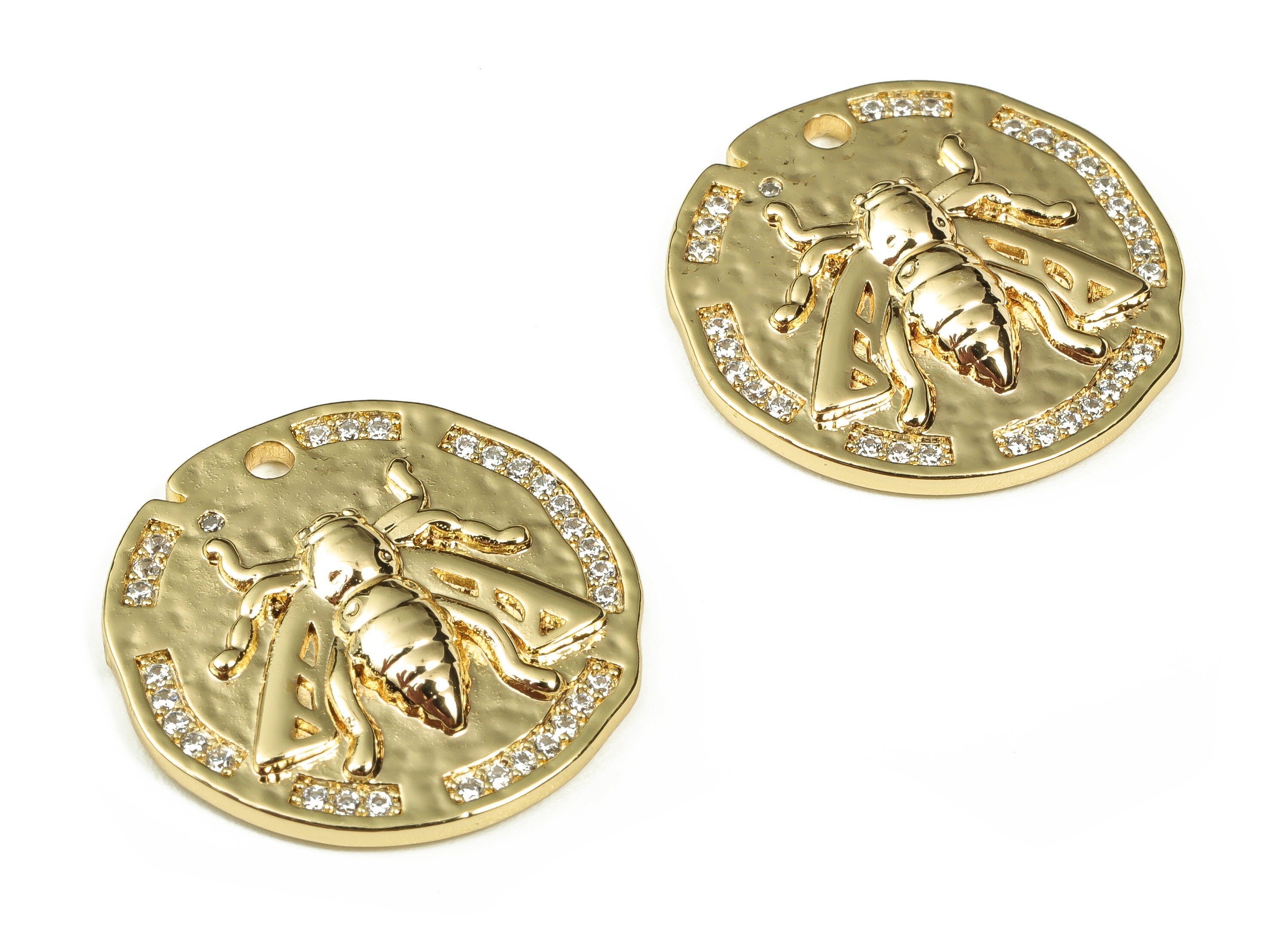 Shiny Gold Plated Bee Charm - Brass Bee Pendant Charm - Zircon Bee Charms - Bee Jewelry - 18k Gold Plated Brass -22.67x22.67x3.76mm- RGP3337 - DOMEDBAZAAR