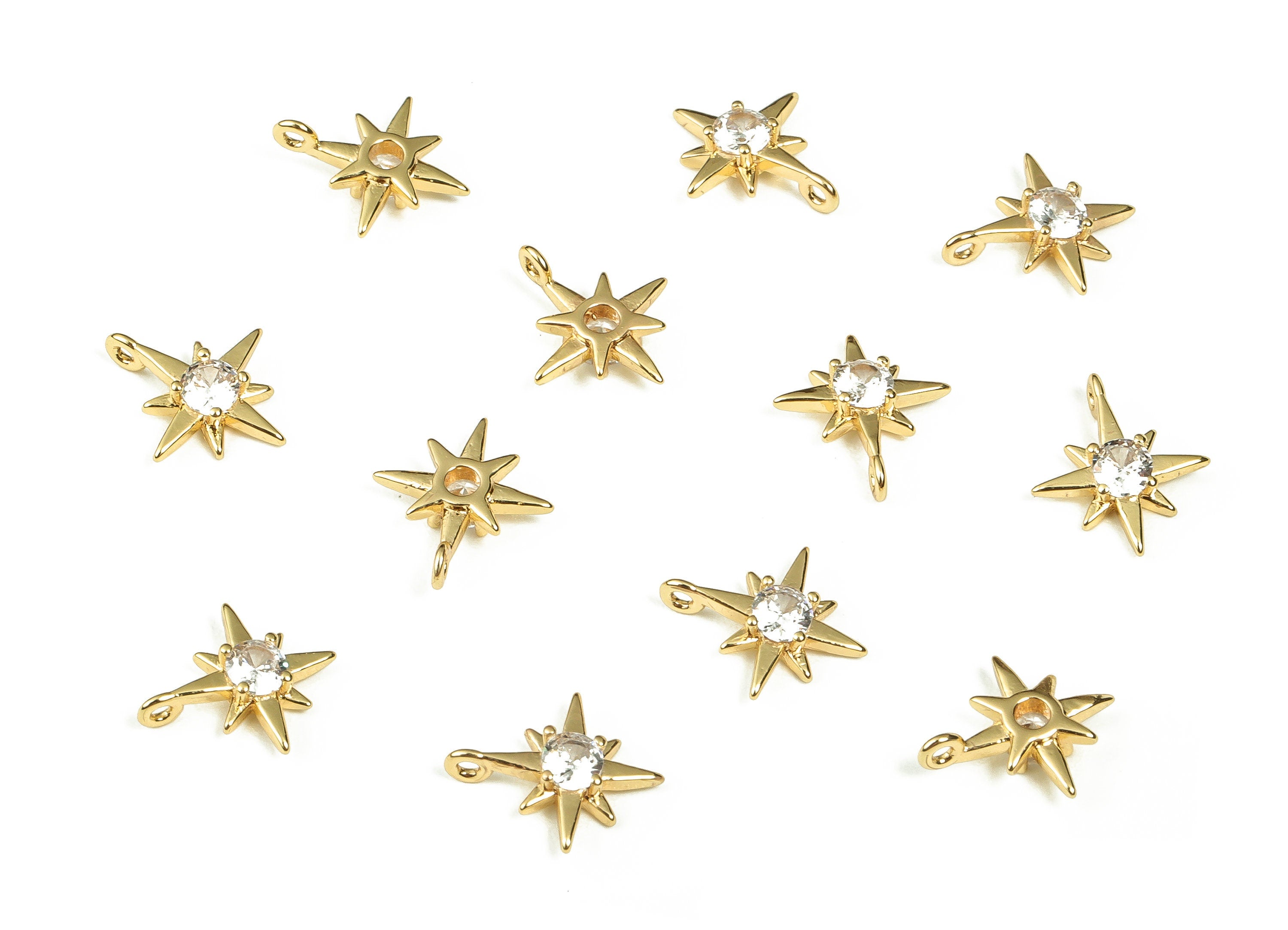 Brass Star Charm Earrings - Brass Star Pendant with Zircon - 18K Real Gold Plated Brass Studs - Jewelry Supplies -10.54x9.05x2.51mm- RGP3335 - DOMEDBAZAAR