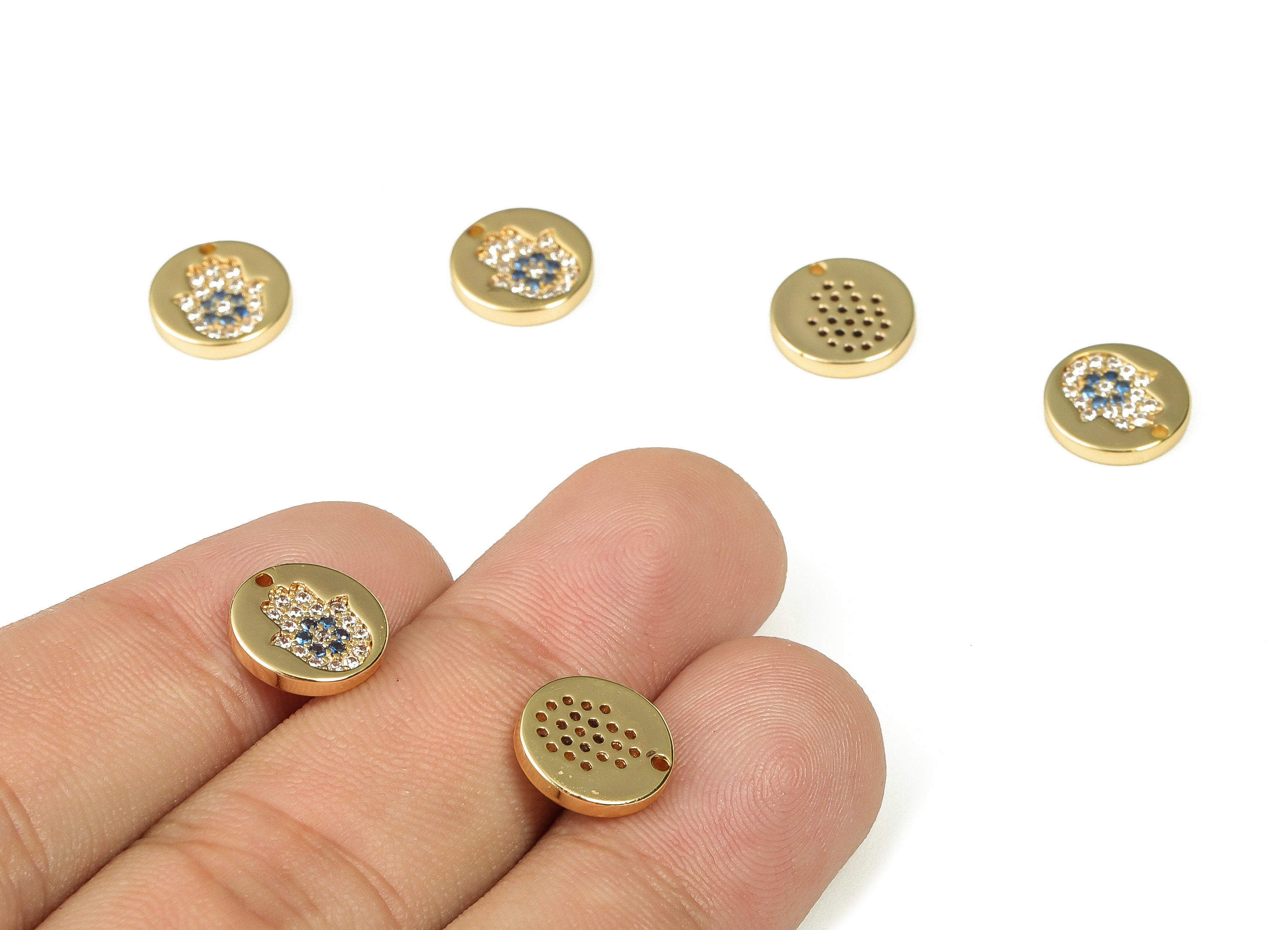 Brass Round Hand Charms - Zircon Hand Pendant Charms - 18k Gold Plated Brass Charm- Jewelry Making Supplies -10.32x10.32x1.71mm- RGP3334 - DOMEDBAZAAR