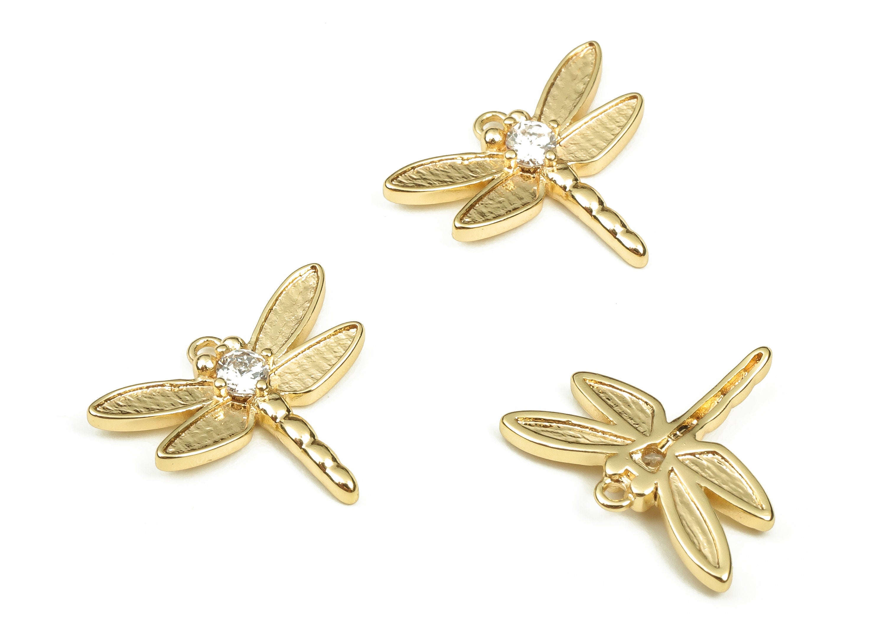 Brass Mini Dragonfly Charms - Tiny Zircon Dragonfly Charm - 18k Real Gold Plated Brass - Jewelry Making Supplies -14.97x12.62x2.23mm-RGP3342 - DOMEDBAZAAR