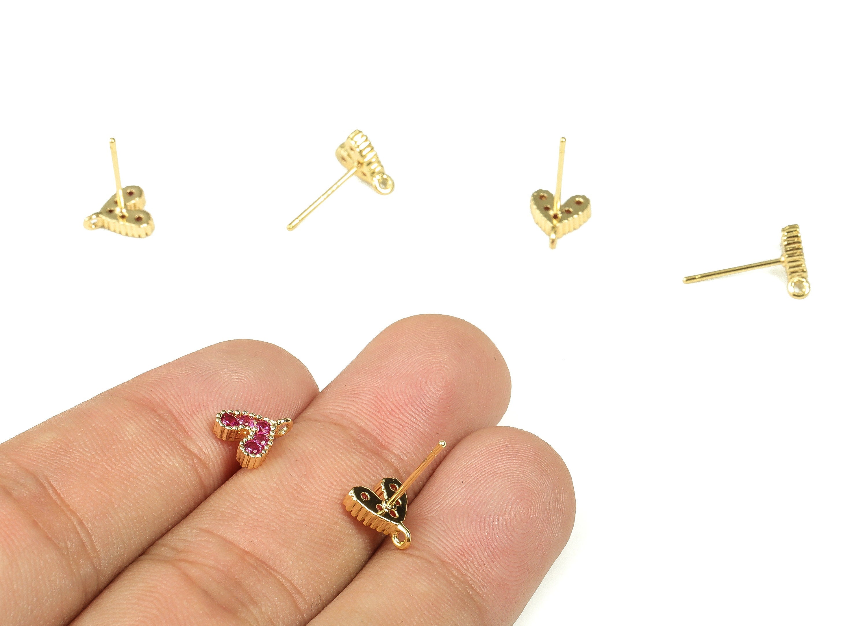 Brass Heart Shaped Stud Earrings - Brass Zircon Stud Earring - 18K Real Gold Plated Brass Stud – 925 Silver Stud - 8.46x7.37x2.17mm- RGP3364 - DOMEDBAZAAR