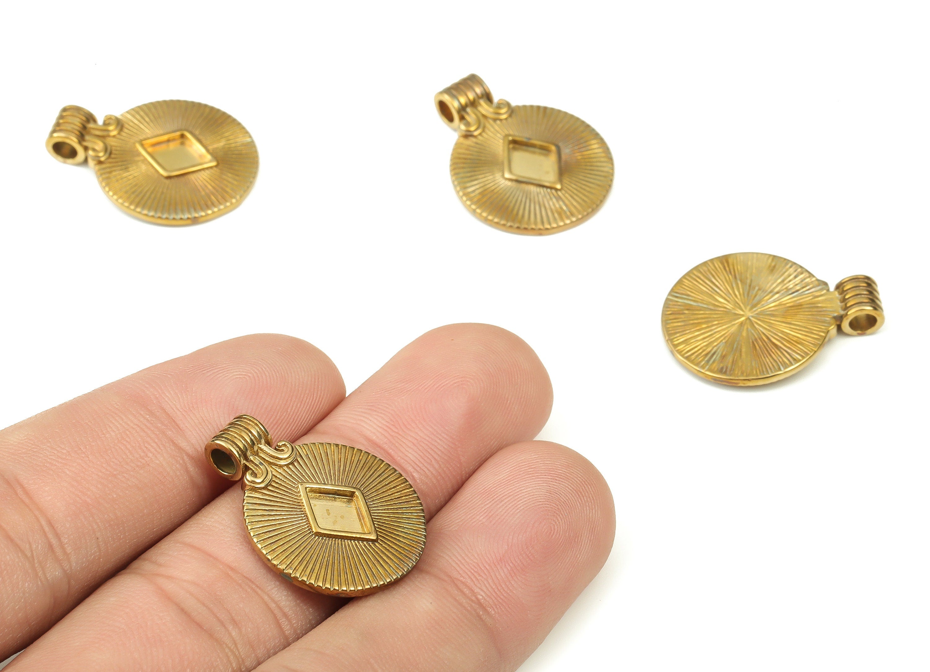 Brass Round Earring Charms - Raw Brass Diamond Pendant - Earrings Finding - DIY Jewelry Making Supplies - 23.86x18.34x4.6mm - PP4546 - DOMEDBAZAAR