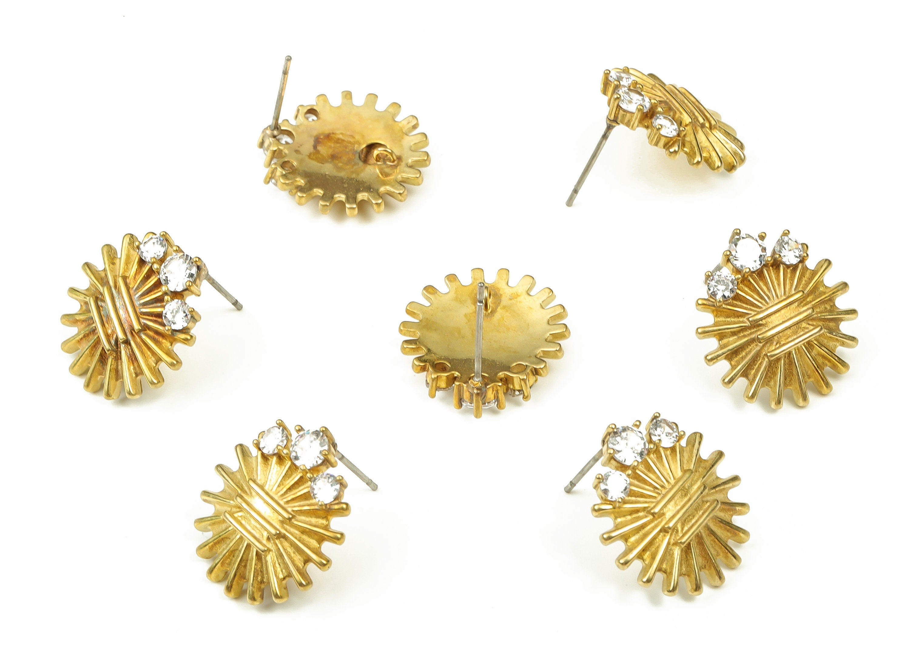 Brass Sun Earring Stud- Raw Brass Sun Earring Post- Stainless Steel Stud- Sun Earring Stud Zircon- Jewelry Supplies-19.2x17.4x3.7mm - PP4530 - DOMEDBAZAAR