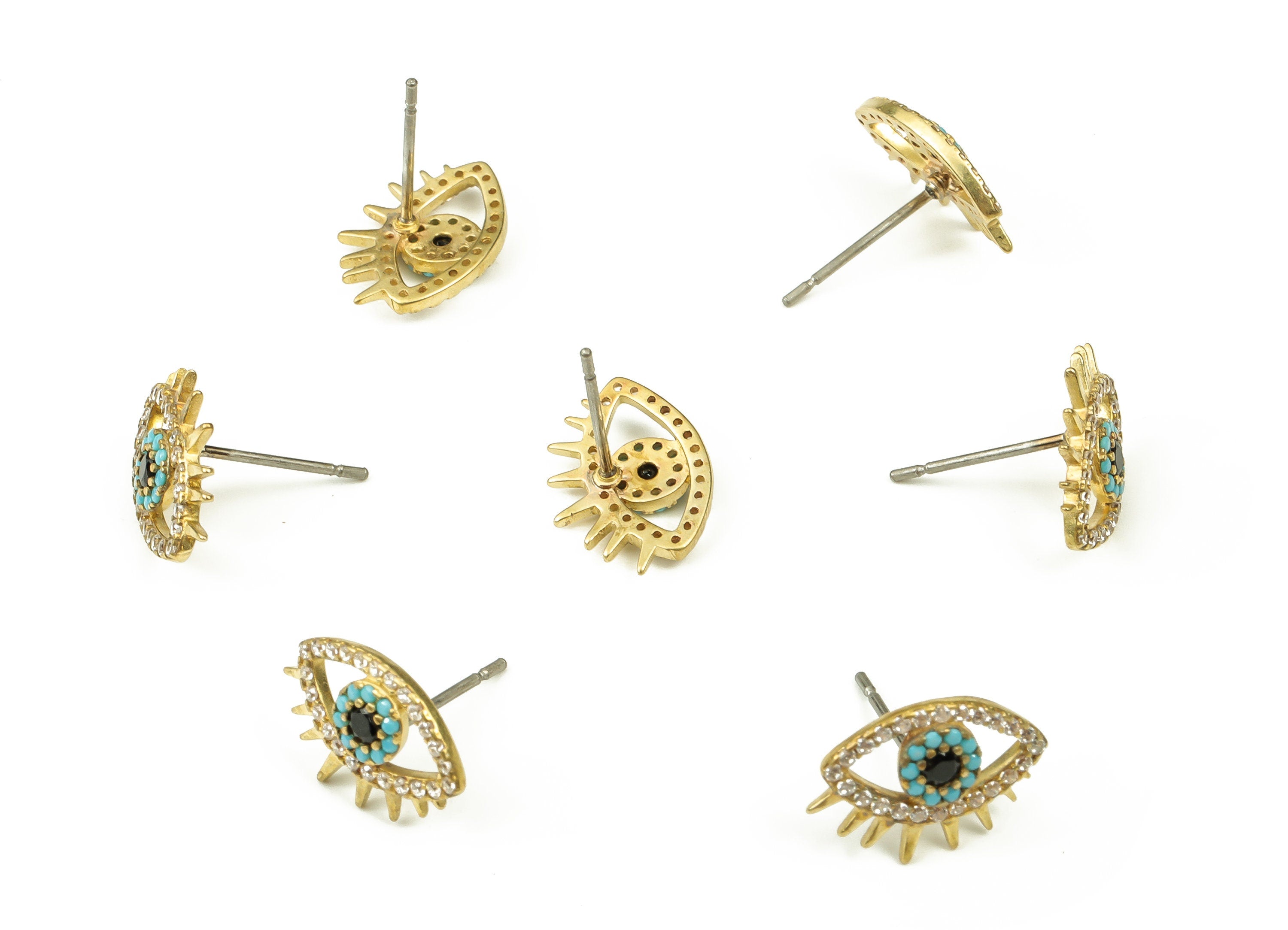 Brass Eye Earring Stud – Zircon Earring Stud – Evil Eye Earring Post- Stainless Steel Stud - Jewelry Supplies - 13.52x9.6x2.3mm - PP4523 - DOMEDBAZAAR