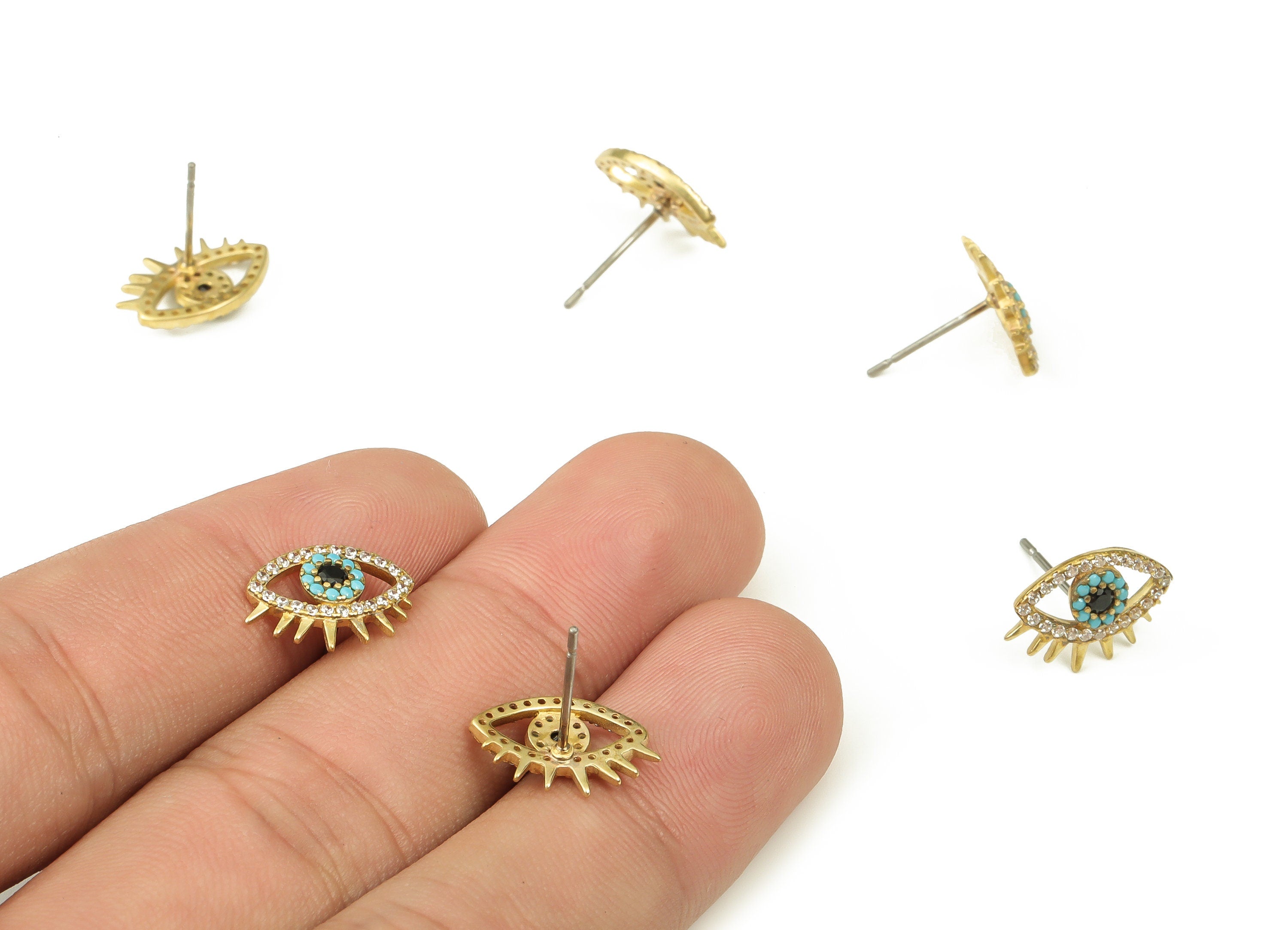 Brass Eye Earring Stud – Zircon Earring Stud – Evil Eye Earring Post- Stainless Steel Stud - Jewelry Supplies - 13.52x9.6x2.3mm - PP4523 - DOMEDBAZAAR