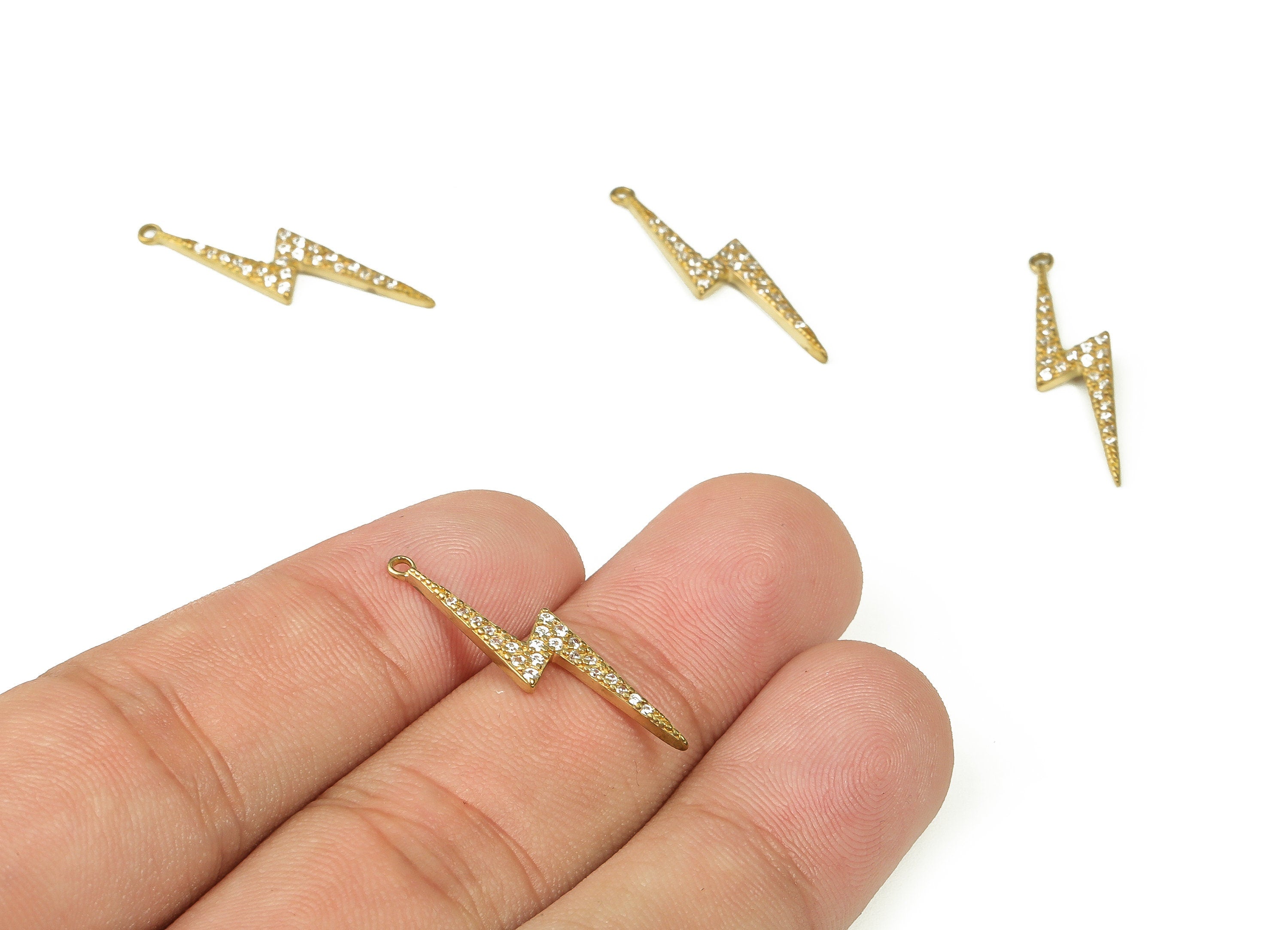 Lightning Bolt Charm – Zircon Lightning Bolt Earring Charm - Brass Lightning Pendant - Jewelry Supplies - 26.78x6.6x1.51x0.52mm - PP4407 - DOMEDBAZAAR