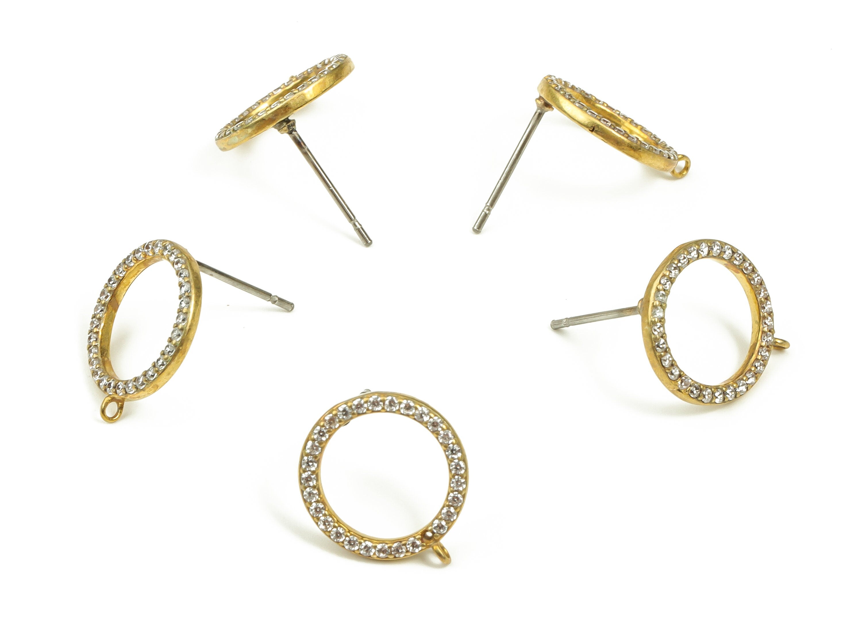 Brass Round Earring Stud With Zircons - Raw Brass Circle Earring Post - Brass Stud - Jewelry Making Supplies - 14.6x12.75x1.55mm - PP4479 - DOMEDBAZAAR