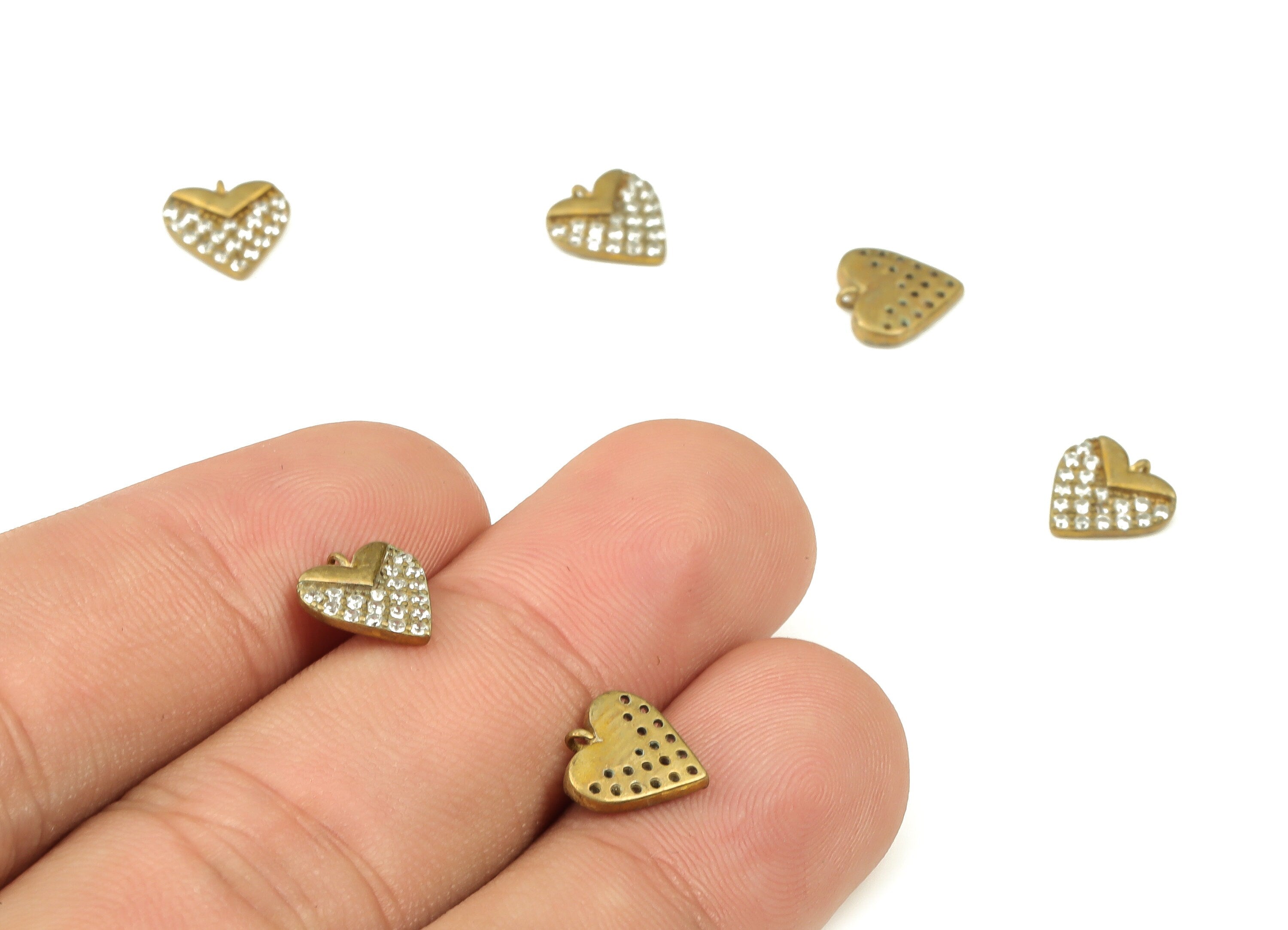 Brass Heart Earring Charms With Zircon - Raw Brass Heart Pendant - Earrings Finding - Jewelry Making Supplies - 9x8.6x1.85mm - PP4413 - DOMEDBAZAAR
