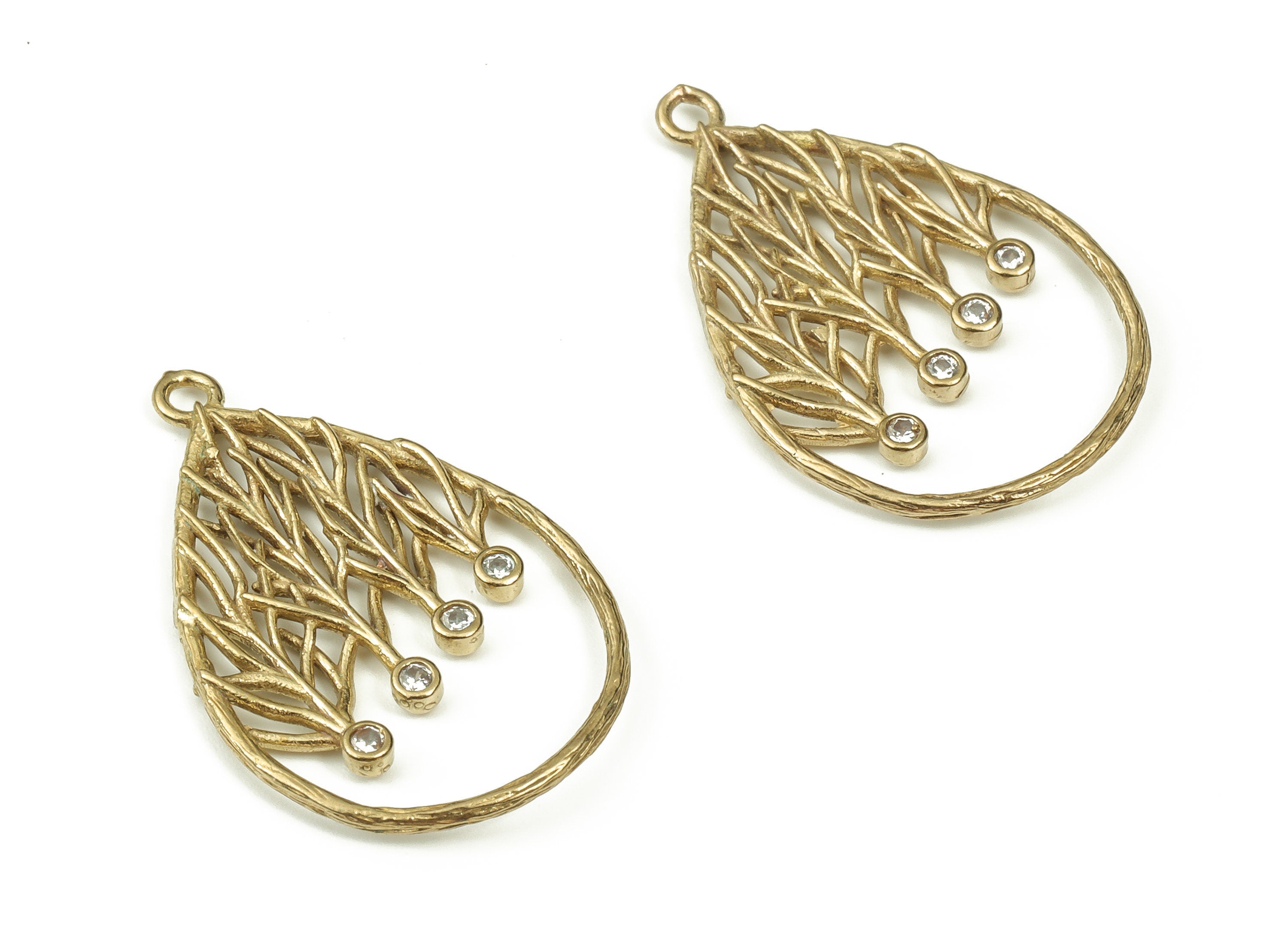 Brass Drop Earring Charms with Zircons - Raw Brass Branches Pendant - Earrings Finding - Jewelry Making Supplies - 27.14x17.7x1.8mm - PP4484 - DOMEDBAZAAR