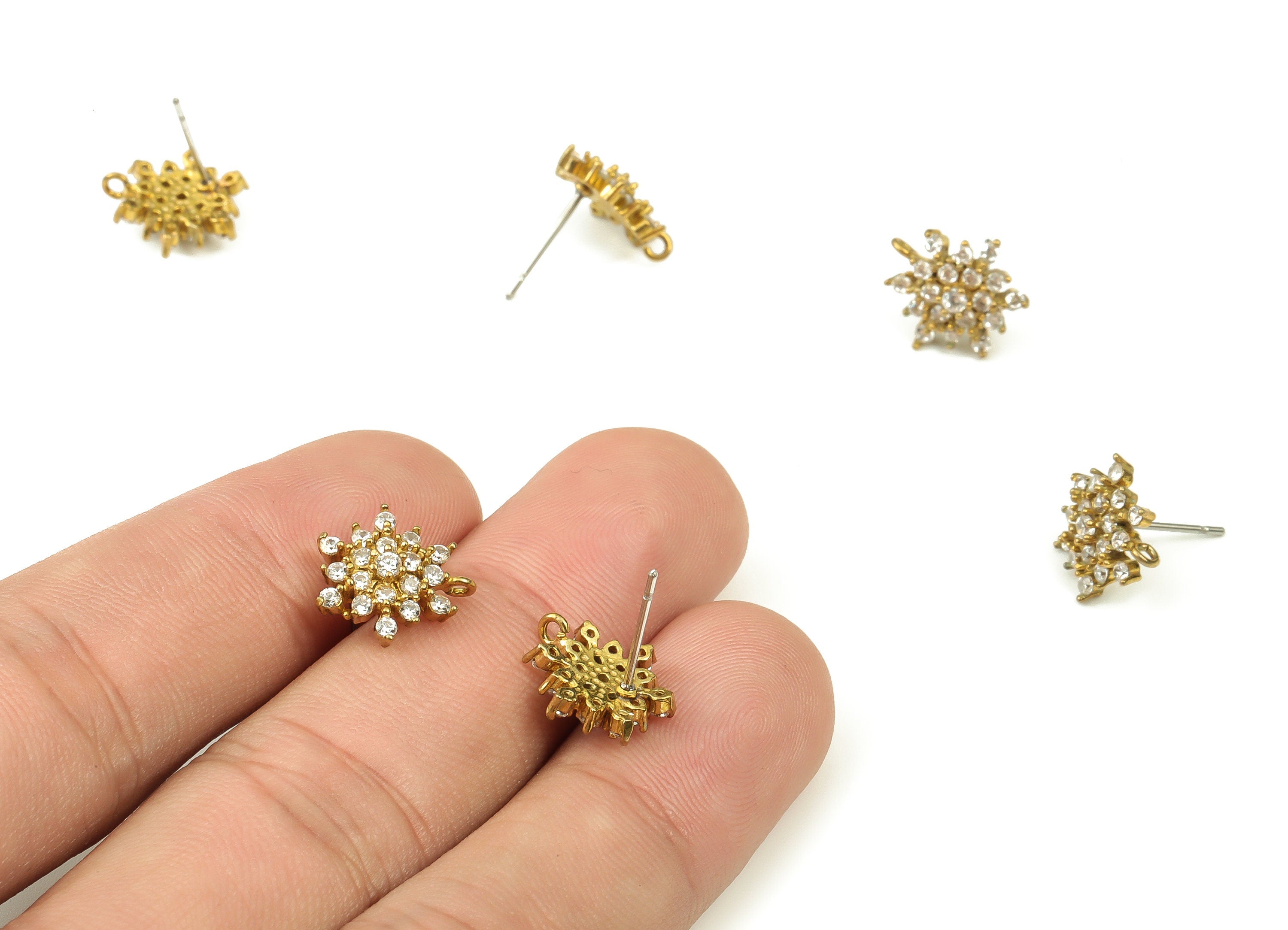 Brass Flower Earring Stud – Dainty Zircon Flower Stud - Raw Brass Flower Earring Post - Jewelry Making Supplies - 12.2x12.2x3.5mm - PP4433 - DOMEDBAZAAR