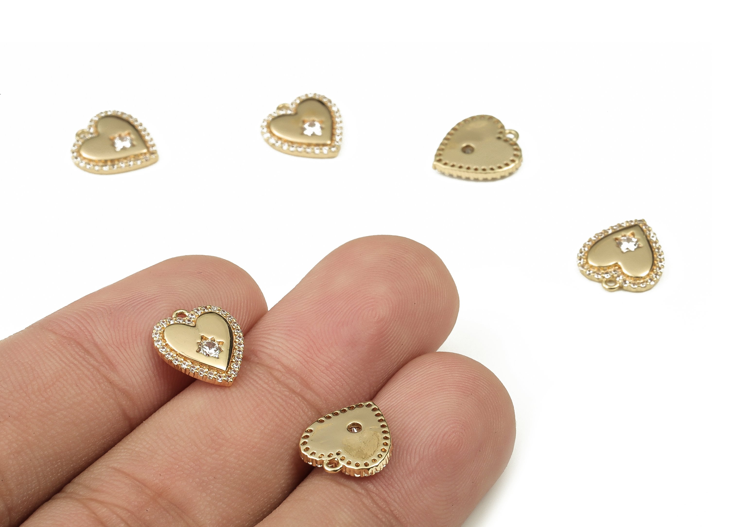 Brass Heart Earring Charms With Zircons - Gold Star Pendant - 18K Real Gold Plated Brass - Jewelry Making Supplies - 11.5x10x1.9mm - RGP3792 - DOMEDBAZAAR
