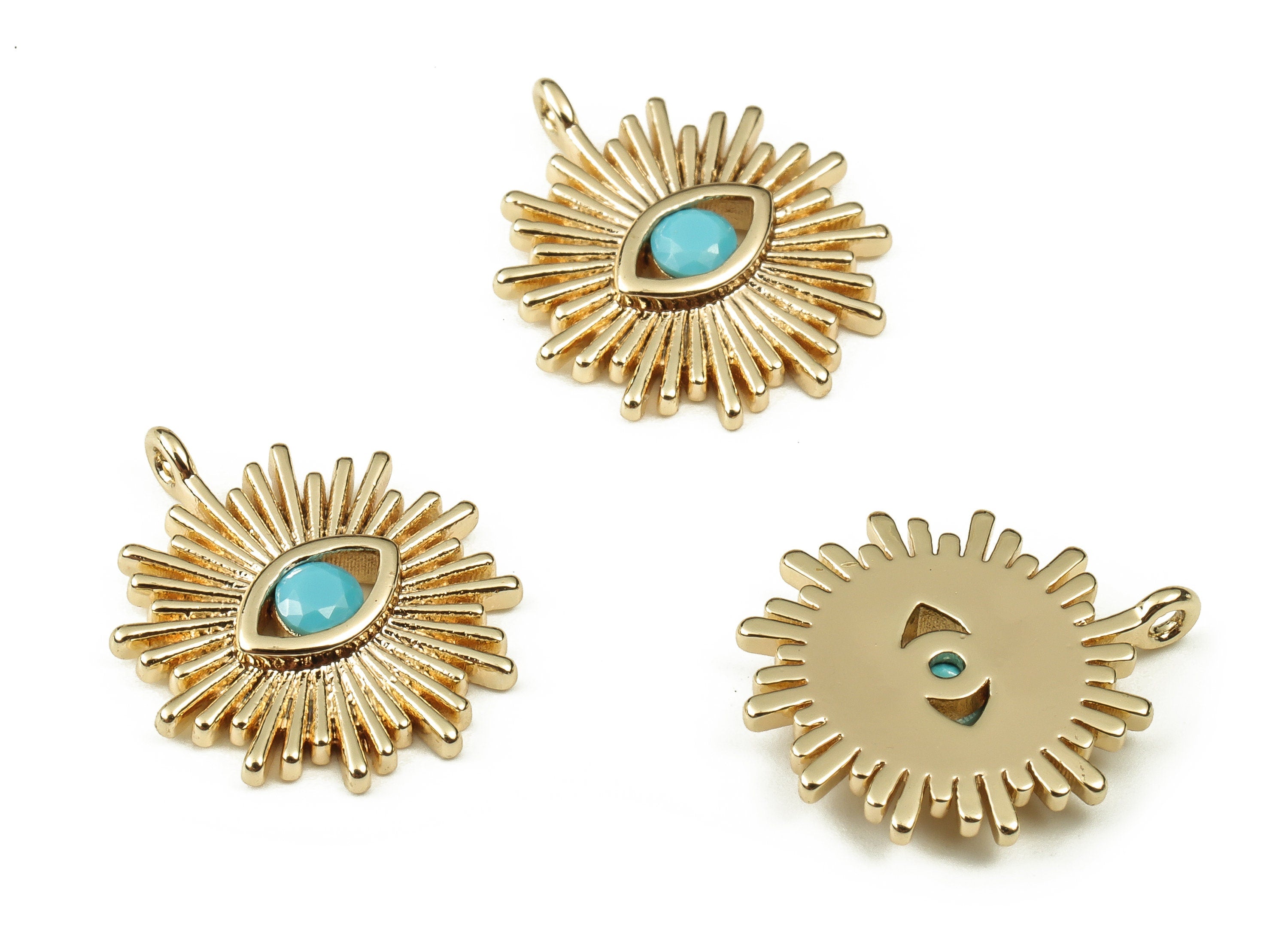 Brass Sun Earring Charms With Zircons - Gold Eye Pendant - 18K Real Gold Plated Brass - Jewelry Making Supplies-16.36x14.19x2.26mm - RGP3829 - DOMEDBAZAAR