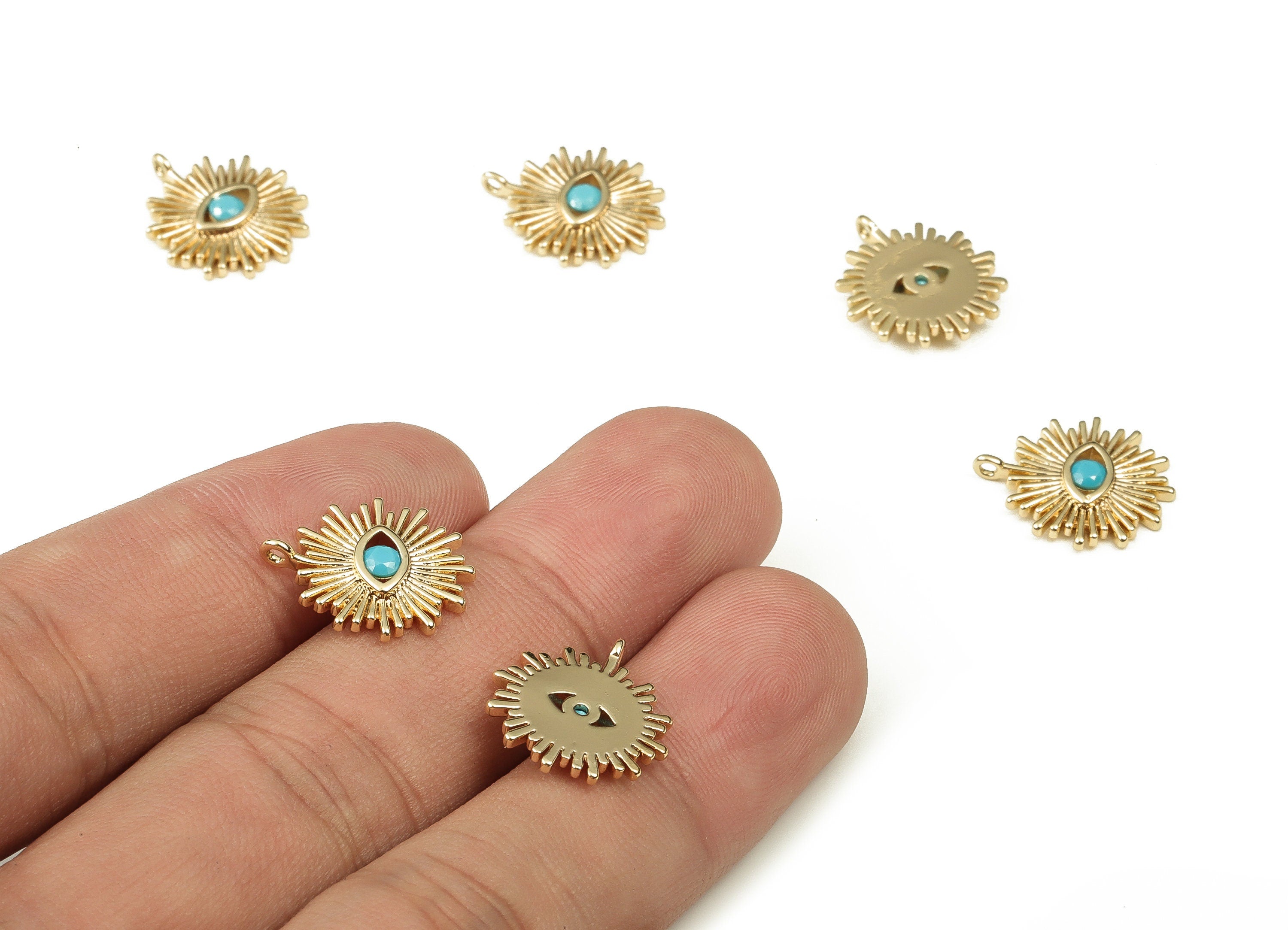 Brass Sun Earring Charms With Zircons - Gold Eye Pendant - 18K Real Gold Plated Brass - Jewelry Making Supplies-16.36x14.19x2.26mm - RGP3829 - DOMEDBAZAAR