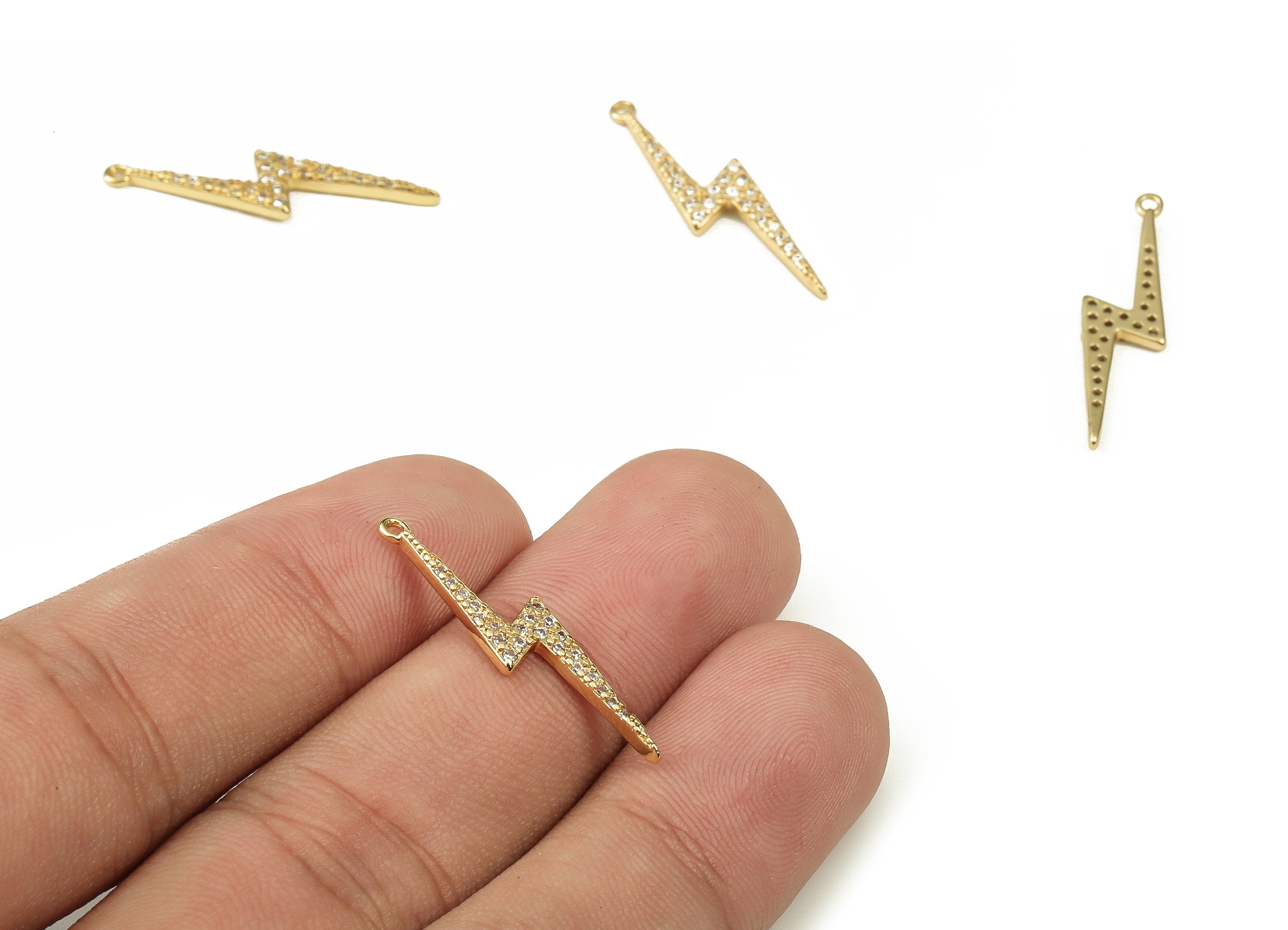 Brass Lightning Earring Connector Charm with Zircons - Gold Lightning Bolt Pendant - 18K Gold Plated Brass - 27.26x6.63x1.57mm - RGP3866 - DOMEDBAZAAR