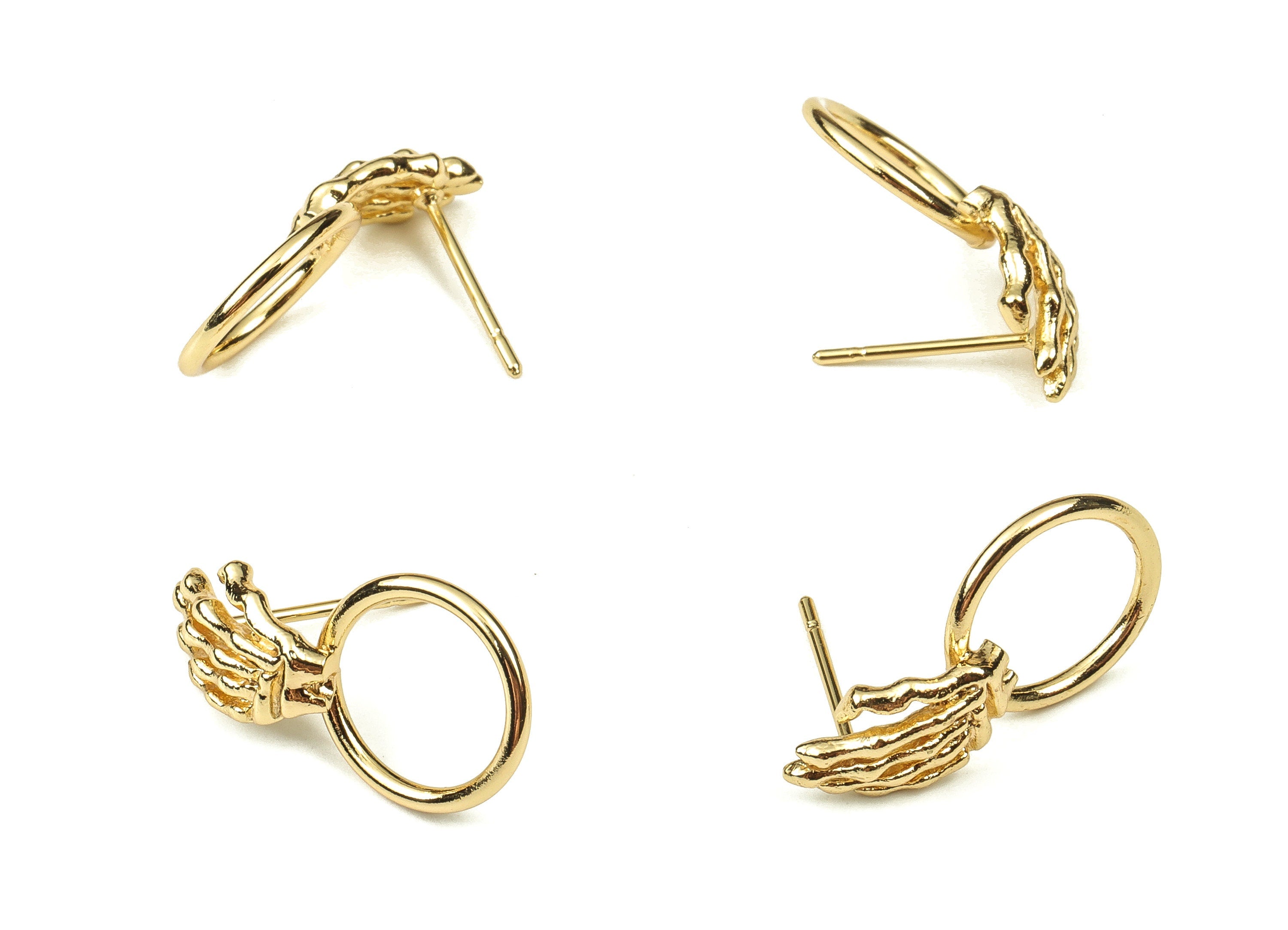 Brass Hand Stud Earring - Gold Round Ring Post Earrings - 18K Real Gold Plated Brass - Stainless Steel Stud - 20.64x11.53x1.38mm - RGP3739 - DOMEDBAZAAR