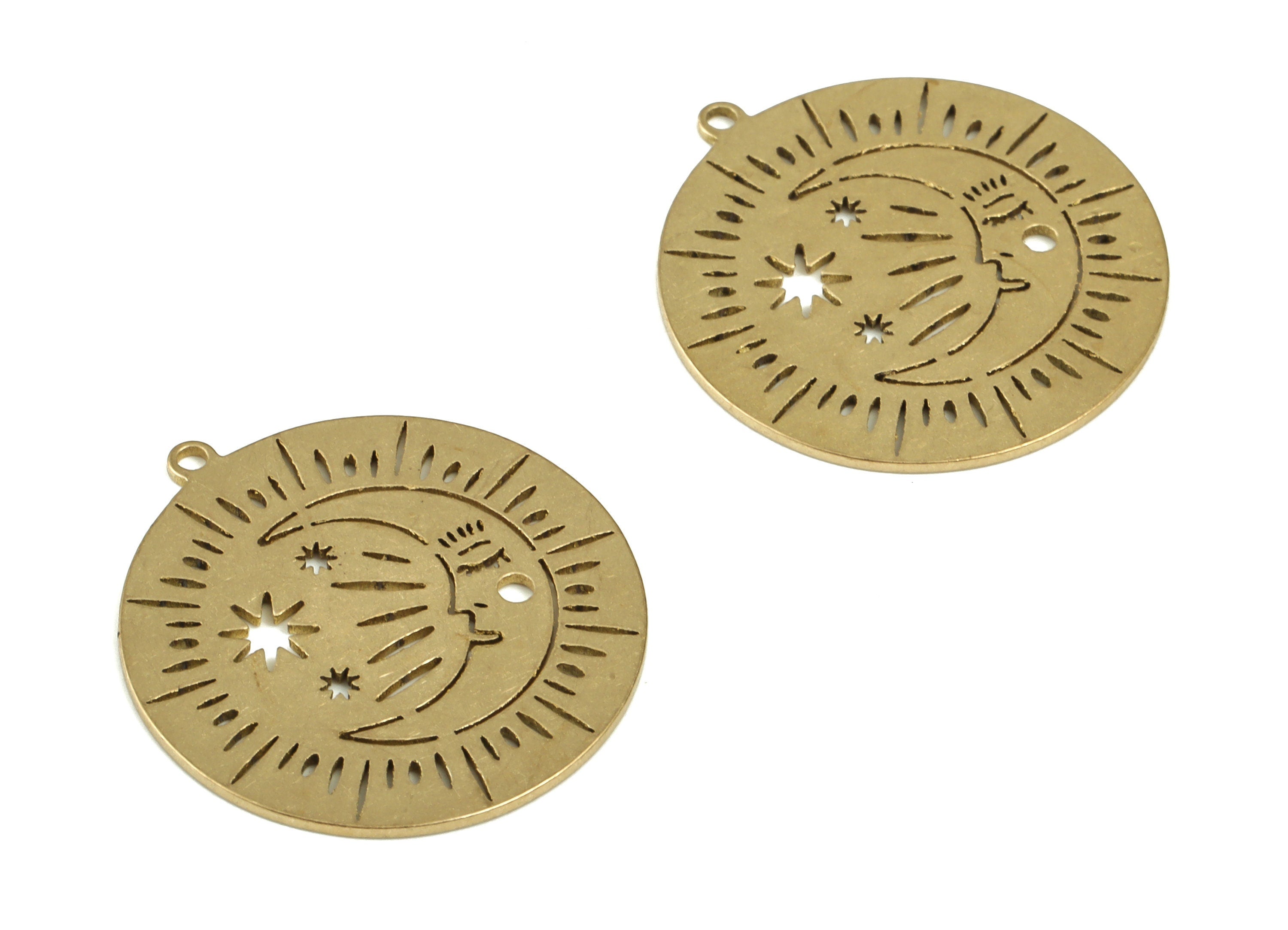 Moon Star Round Pendant - Raw Brass Crescent Face Star Earring Charm - Sun Star Circle Charms - Jewelry Supplies - 23.8x21.9x0.7mm - PP4222 - DOMEDBAZAAR