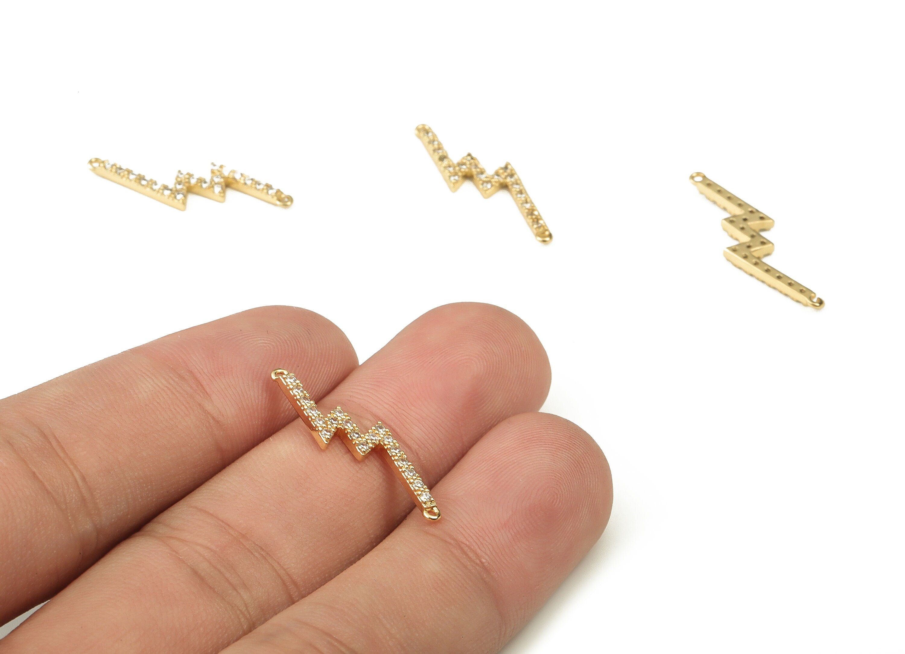 Brass Lightning Earring Connector With Zircons - Gold Lightning Charms - 18K Real Gold Plated Brass - 24.52x7.45x1.76mm - RGP3748 - DOMEDBAZAAR