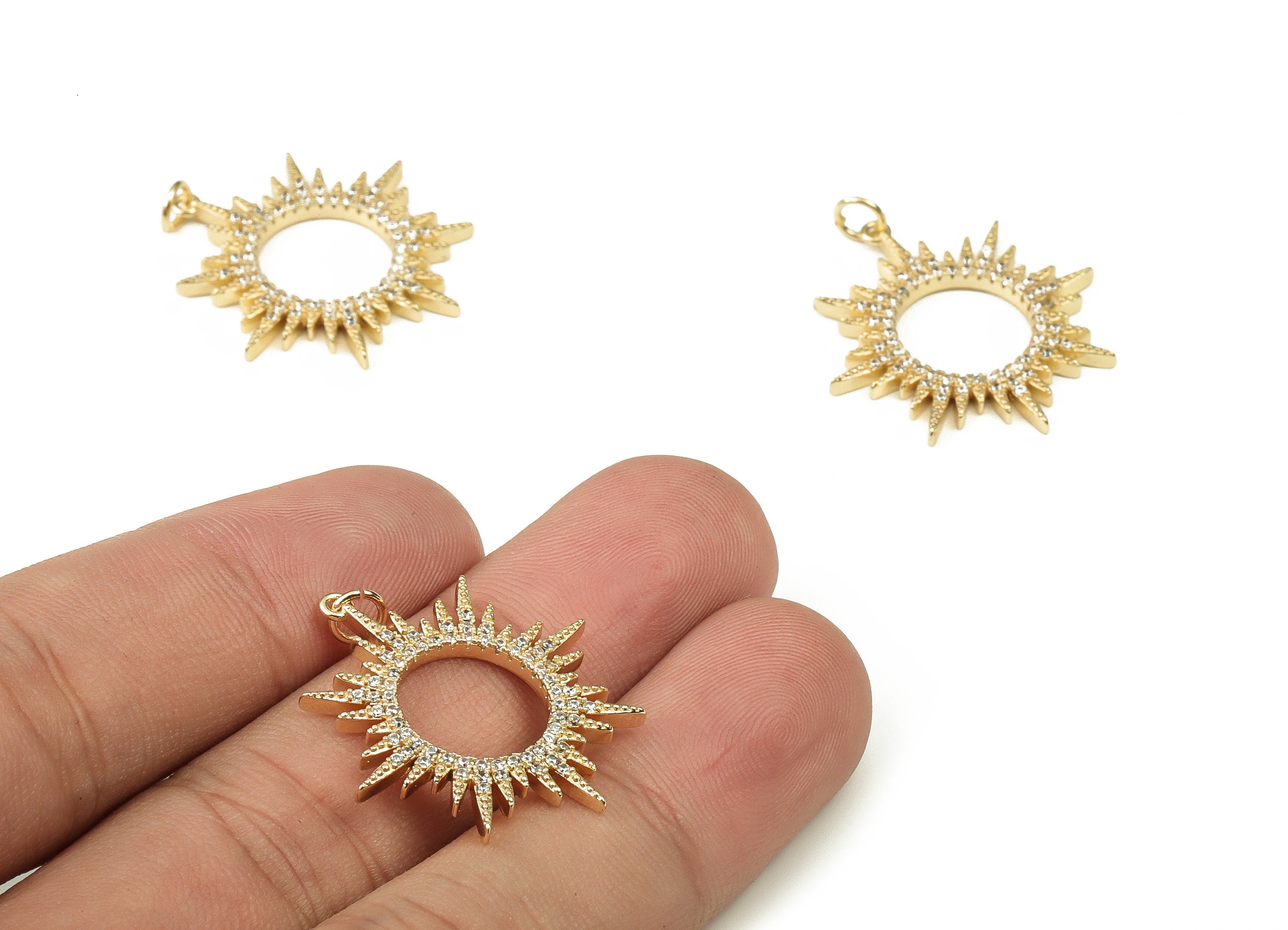 Brass Sun Earring Charms With Zircons - Gold Sun Pendant - 18K Real Gold Plated Brass - Jewelry Making Supplies - 27x25.2x2.06mm - RGP3415 - DOMEDBAZAAR