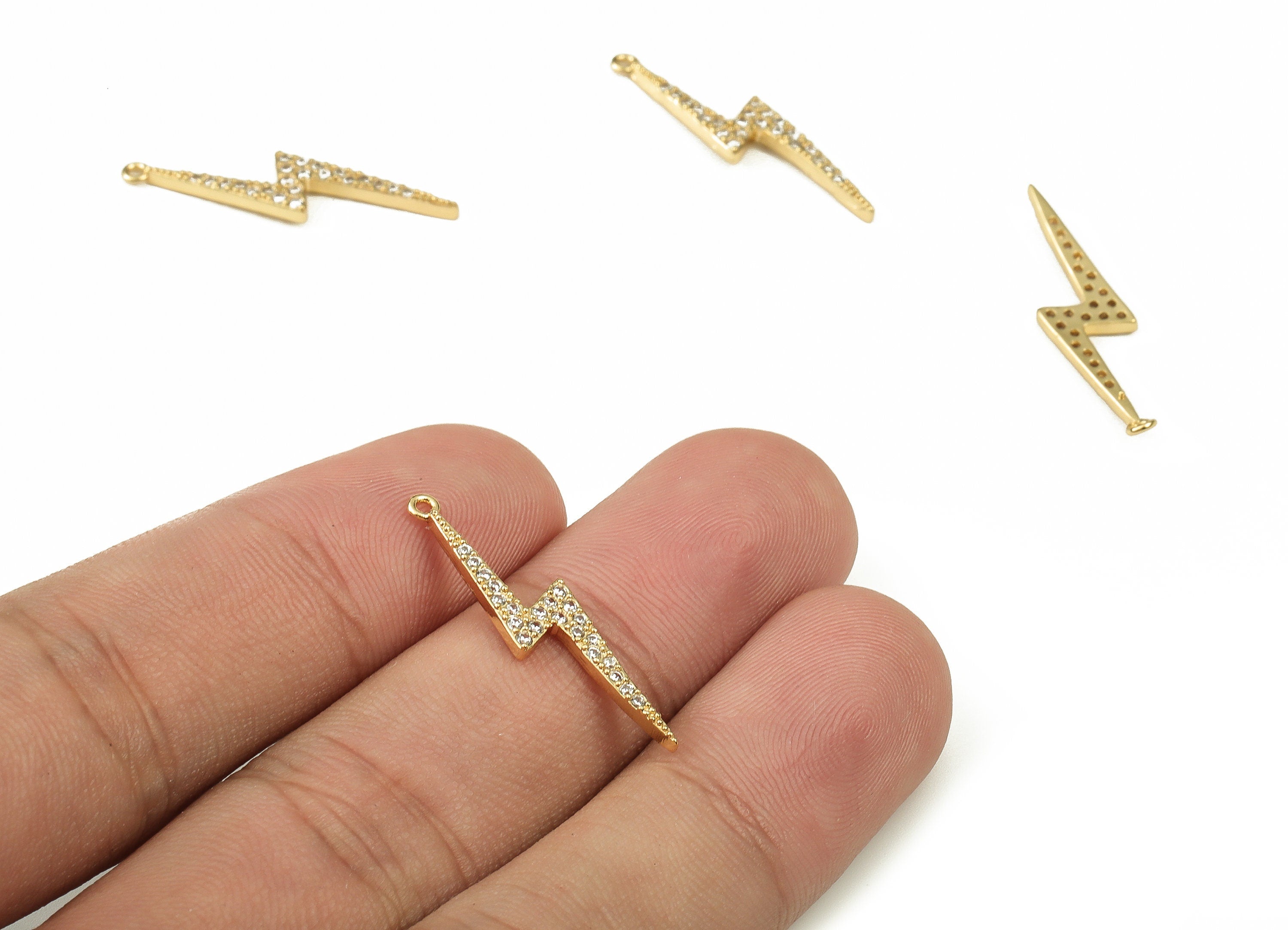 Brass Lightning Earring Charms With Zircons - Gold Lightning Pendant - 18K Real Gold Plated Brass - 27.21x6.44x1.65mm - RGP3783 - DOMEDBAZAAR