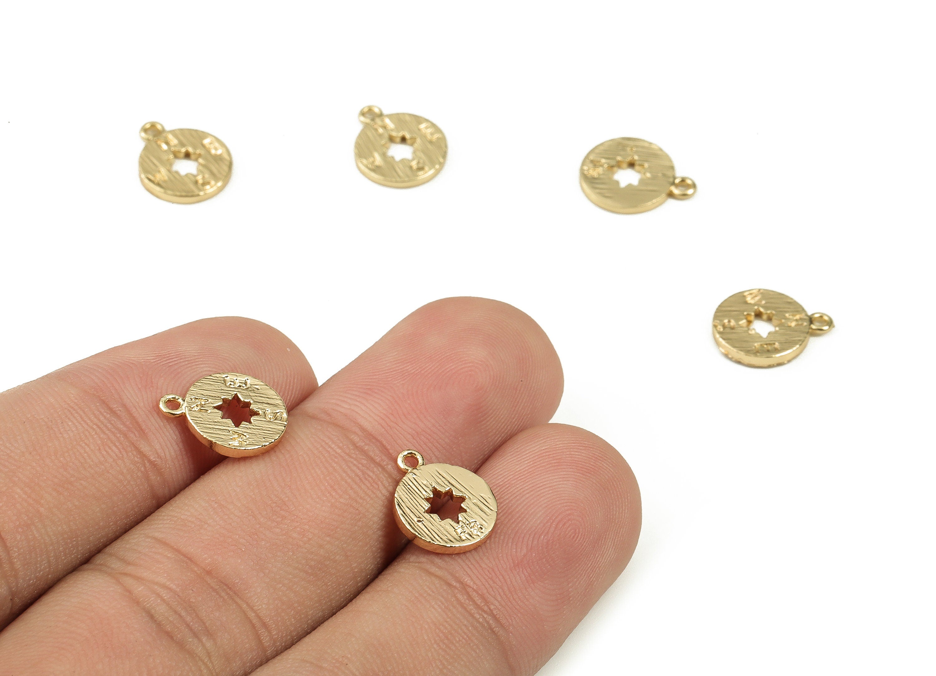 Brass Round Earring Charms - Gold Star Pendant - 18K Real Gold Plated Brass - Jewelry Making Supplies - 11.73x9.48x0.3mm - RGP3822 - DOMEDBAZAAR