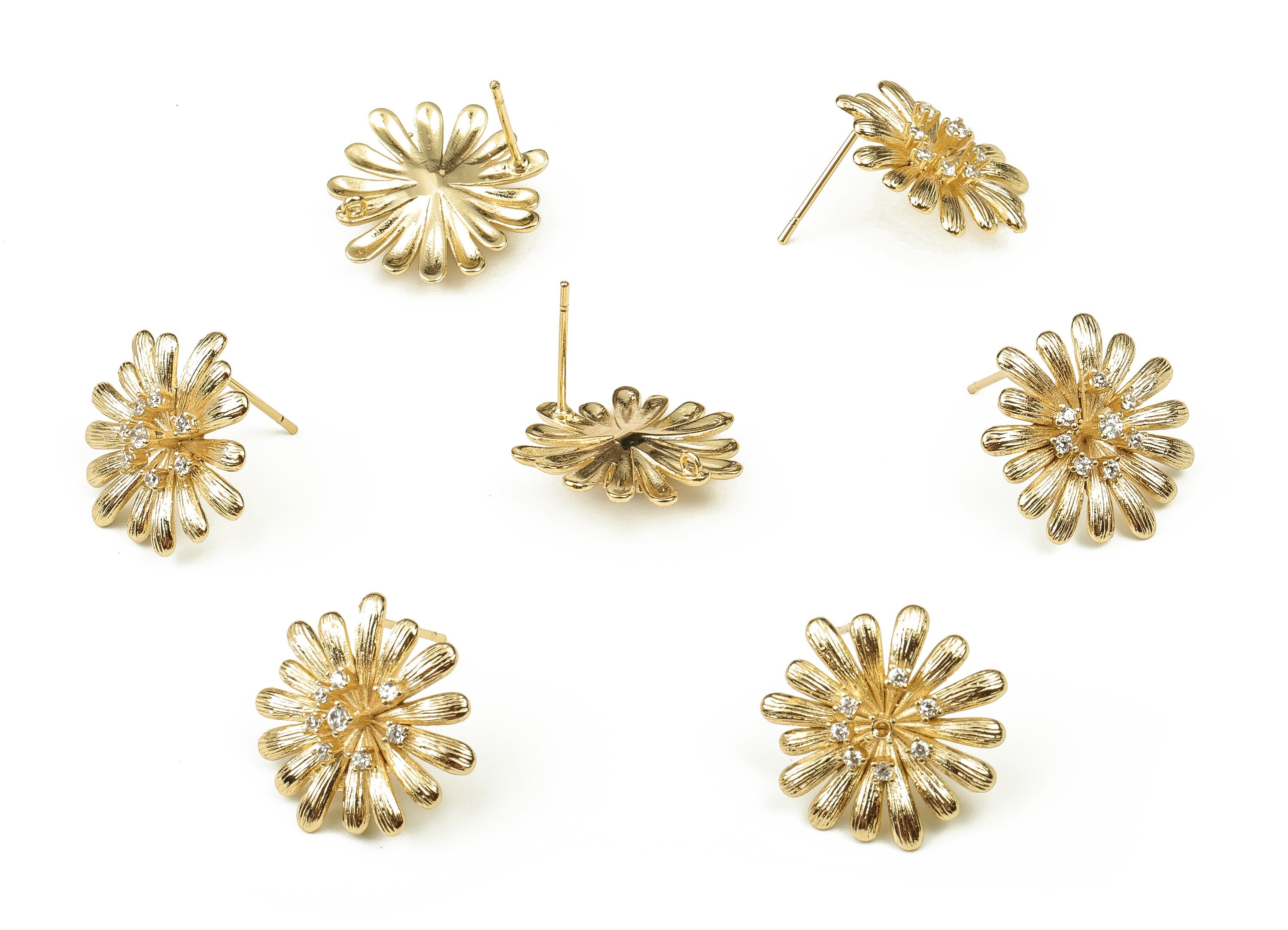 Brass Flower Earring Stud With Zircons - Gold Flower Post - Stainless Steel Stud - 18K Real Gold Plated Brass – 19.03x17.92x4.83mm - RGP3741 - DOMEDBAZAAR