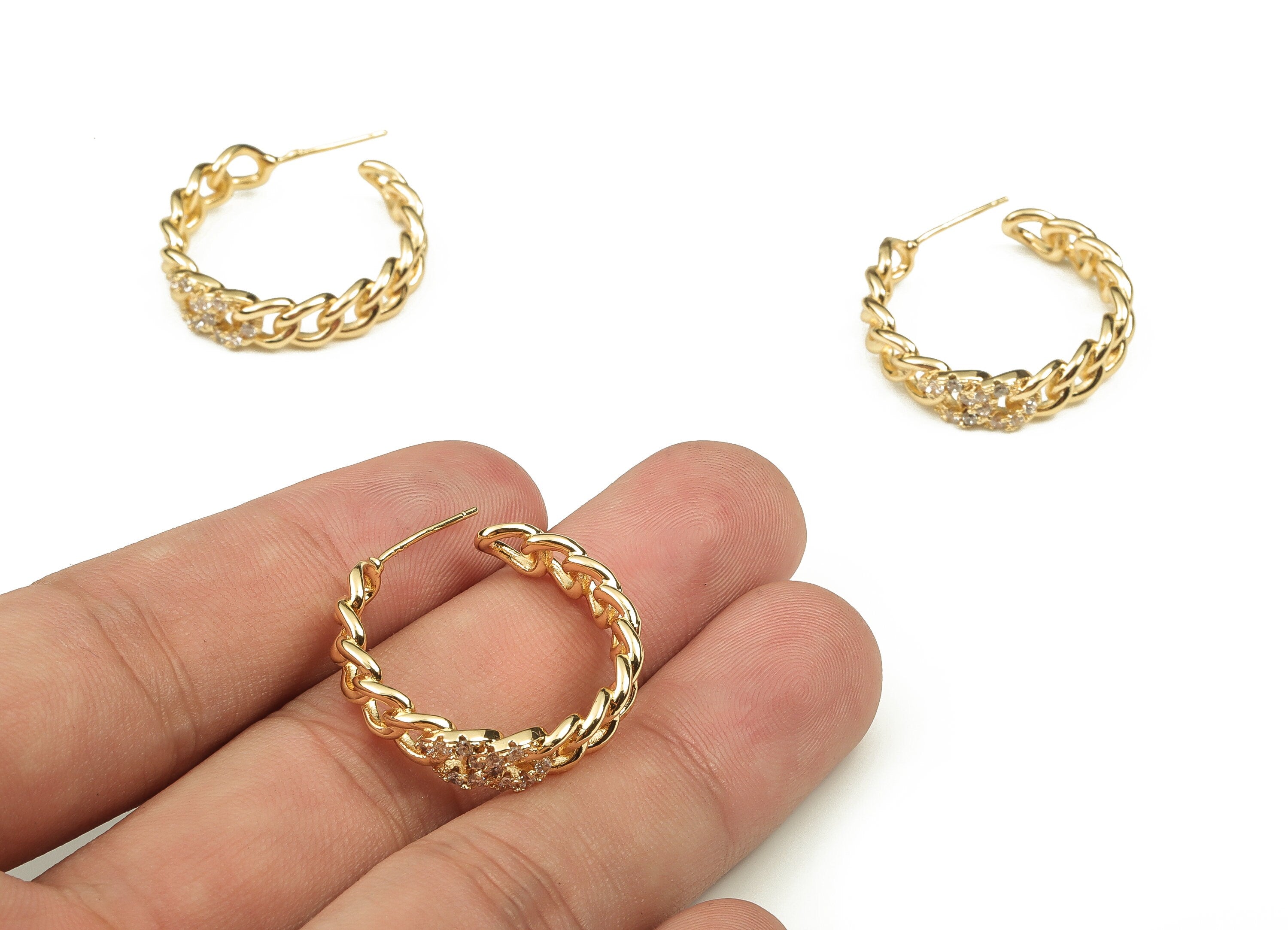 Brass Zircon C Shaped Earrings – Zircon Chain Hoop Earring – Stainless Steel Stud Earring – Jewelry Supplies – 25.82x25.07x2.38mm – RGP3404 - DOMEDBAZAAR