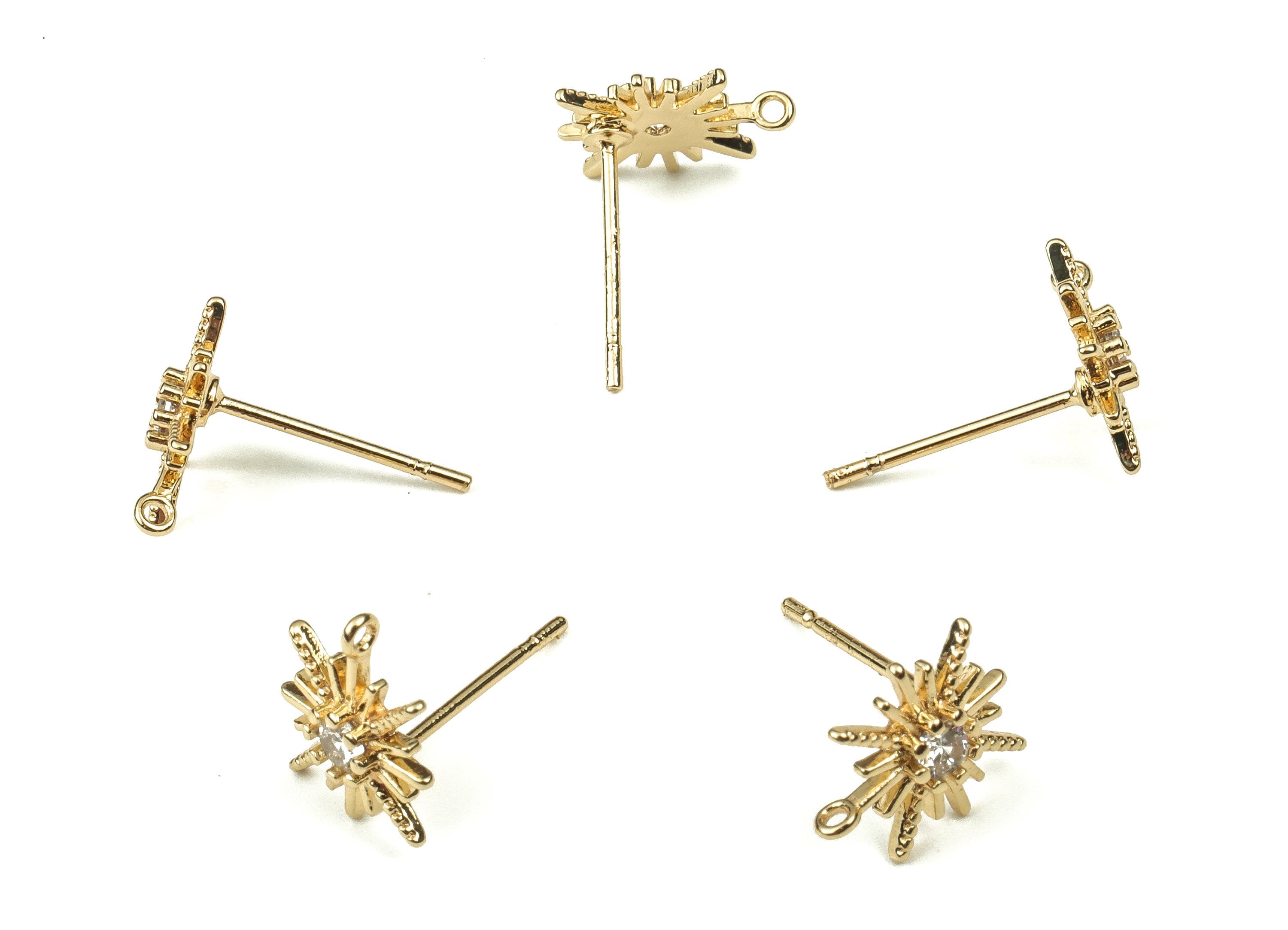 Brass Flower Earring Stud With Zircons - Gold Flower Post - Stainless Steel Stud - 18K Real Gold Plated Brass – 10.64x10.48x2.02mm - RGP3846 - DOMEDBAZAAR