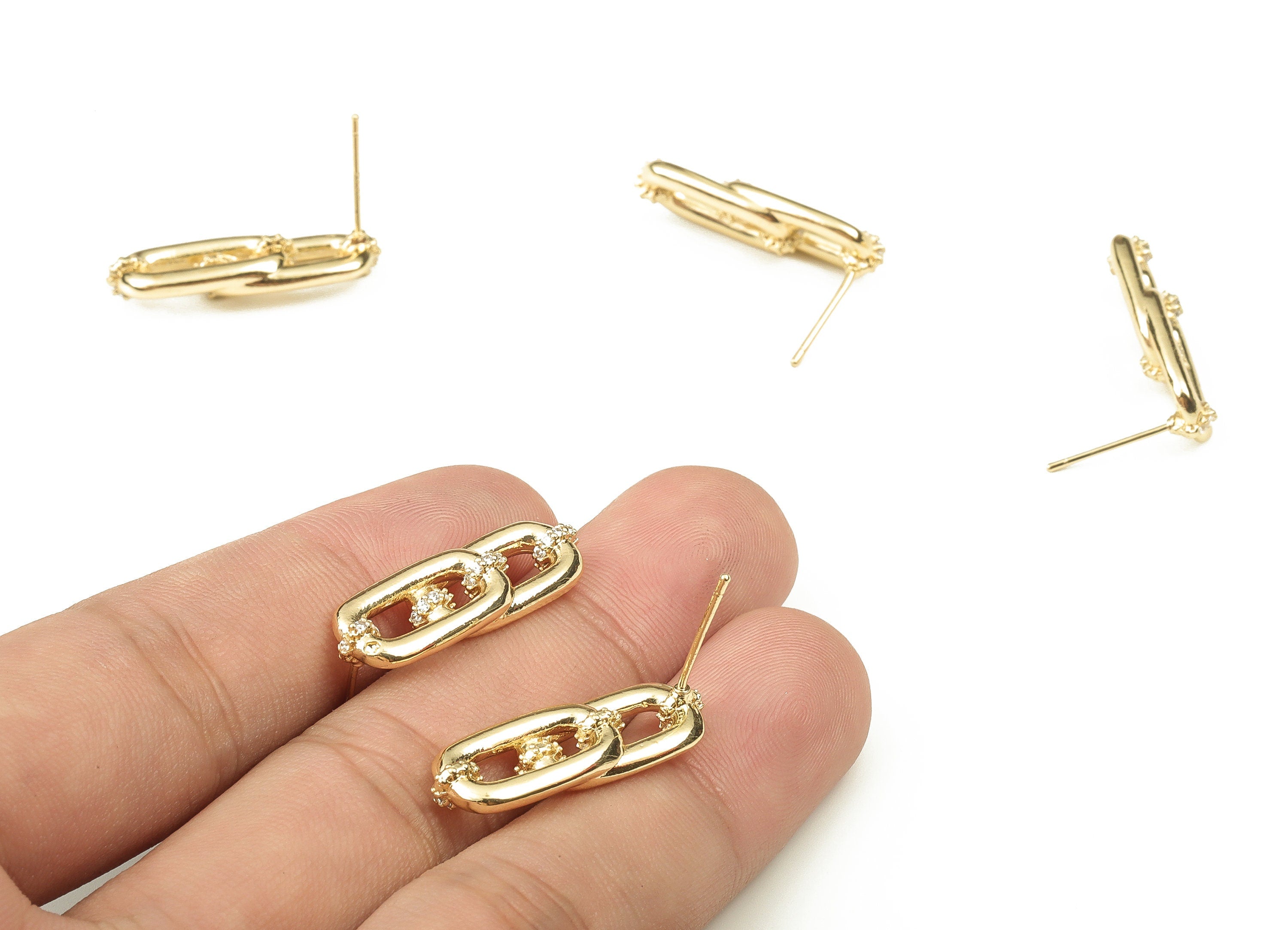 Brass Rectangle Earring Stud – Zircon Rectangle Post Earring - Stainless Steel Stud - 18K Gold Plated Brass – 25.85x9.06x5.52mm - RGP3418 - DOMEDBAZAAR