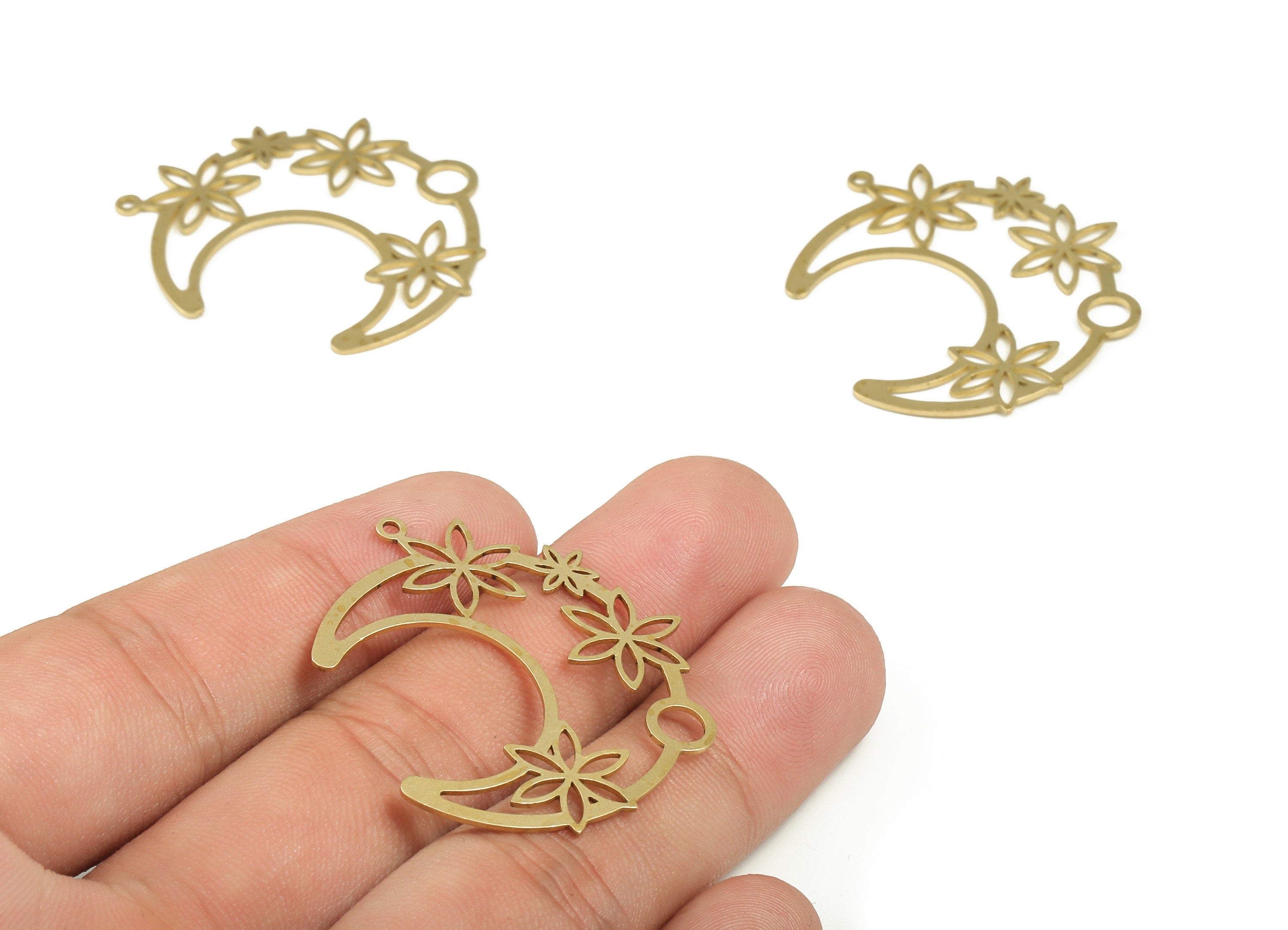 Brass Crescent Earring Charms - Raw Brass Flower Pendant - Earrings Finding - Jewelry Making Supplies - 39.42x34.39x0.68mm - PP4198 - DOMEDBAZAAR