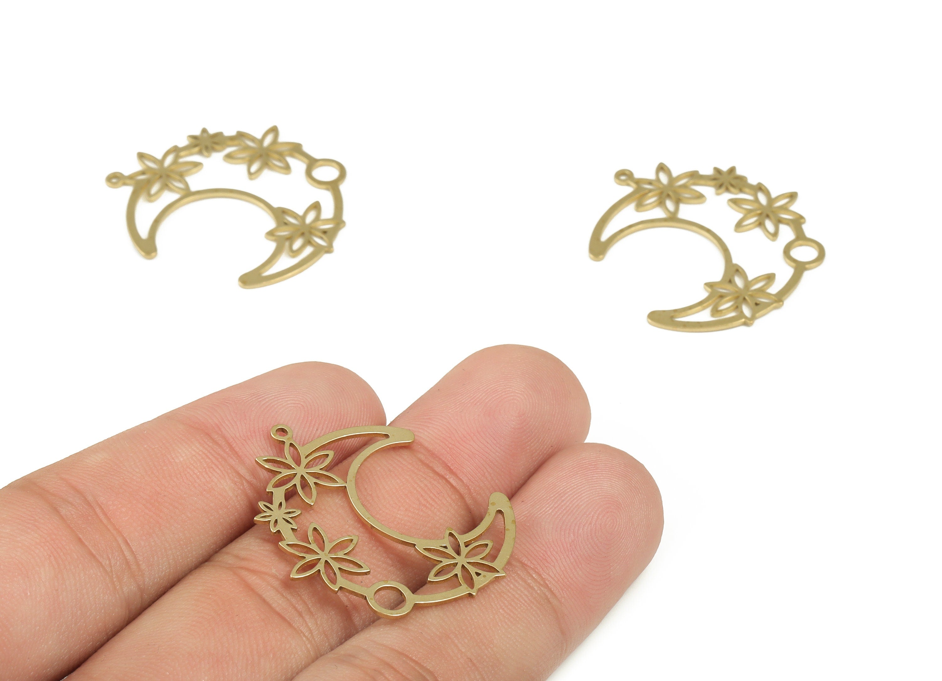 Brass Crescent Earring Charms - Raw Brass Flower Pendant - Earrings Finding - Jewelry Making Supplies - 31.65x27.4x0.71mm - PP4231 - DOMEDBAZAAR