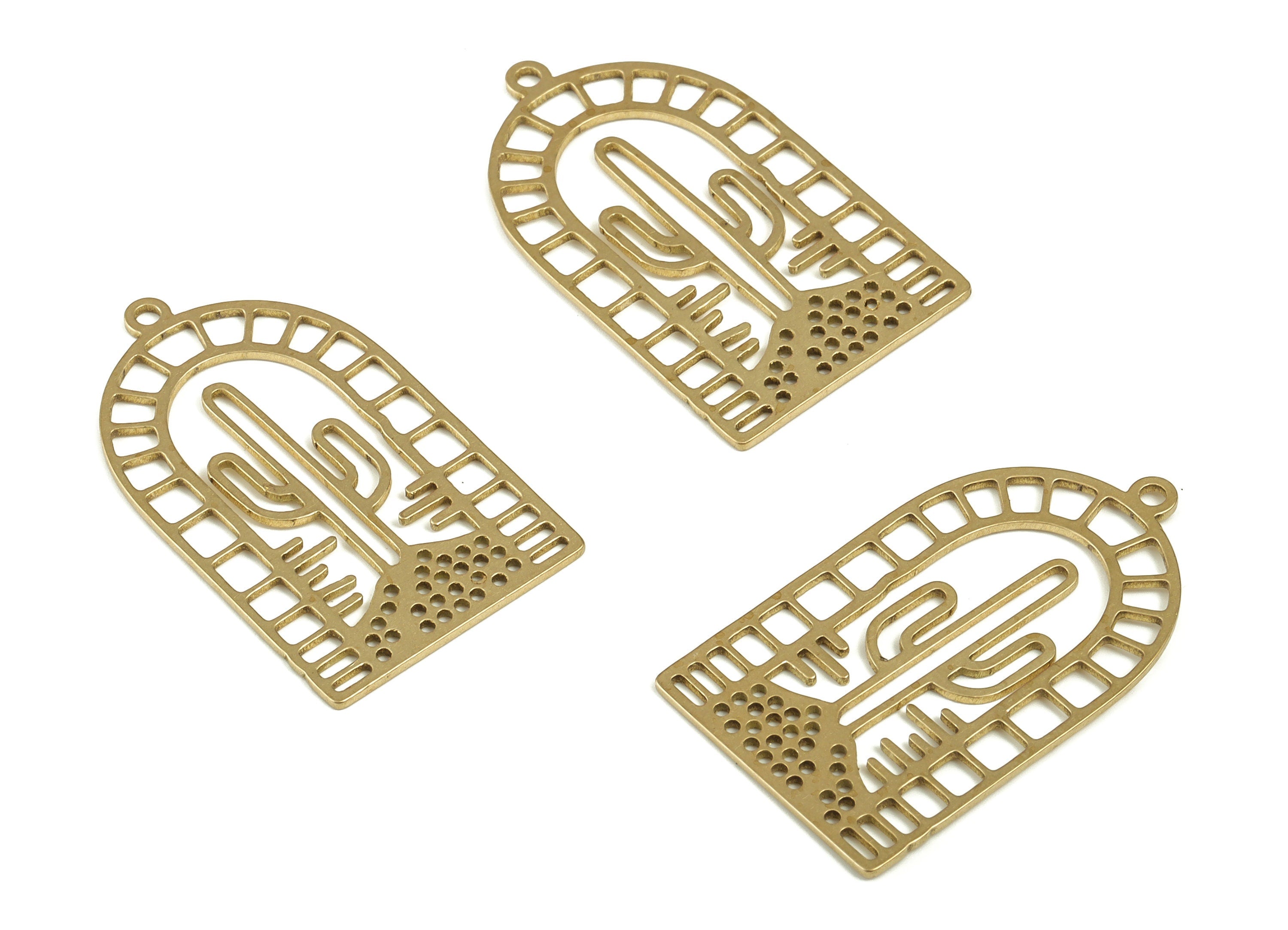 Cactus Mountain Pendant - Raw Brass Domed Cactus Earring Charms - Earrings Finding - Jewelry Making Supplies - 35.22x20.64x0.76mm - PP4252 - DOMEDBAZAAR