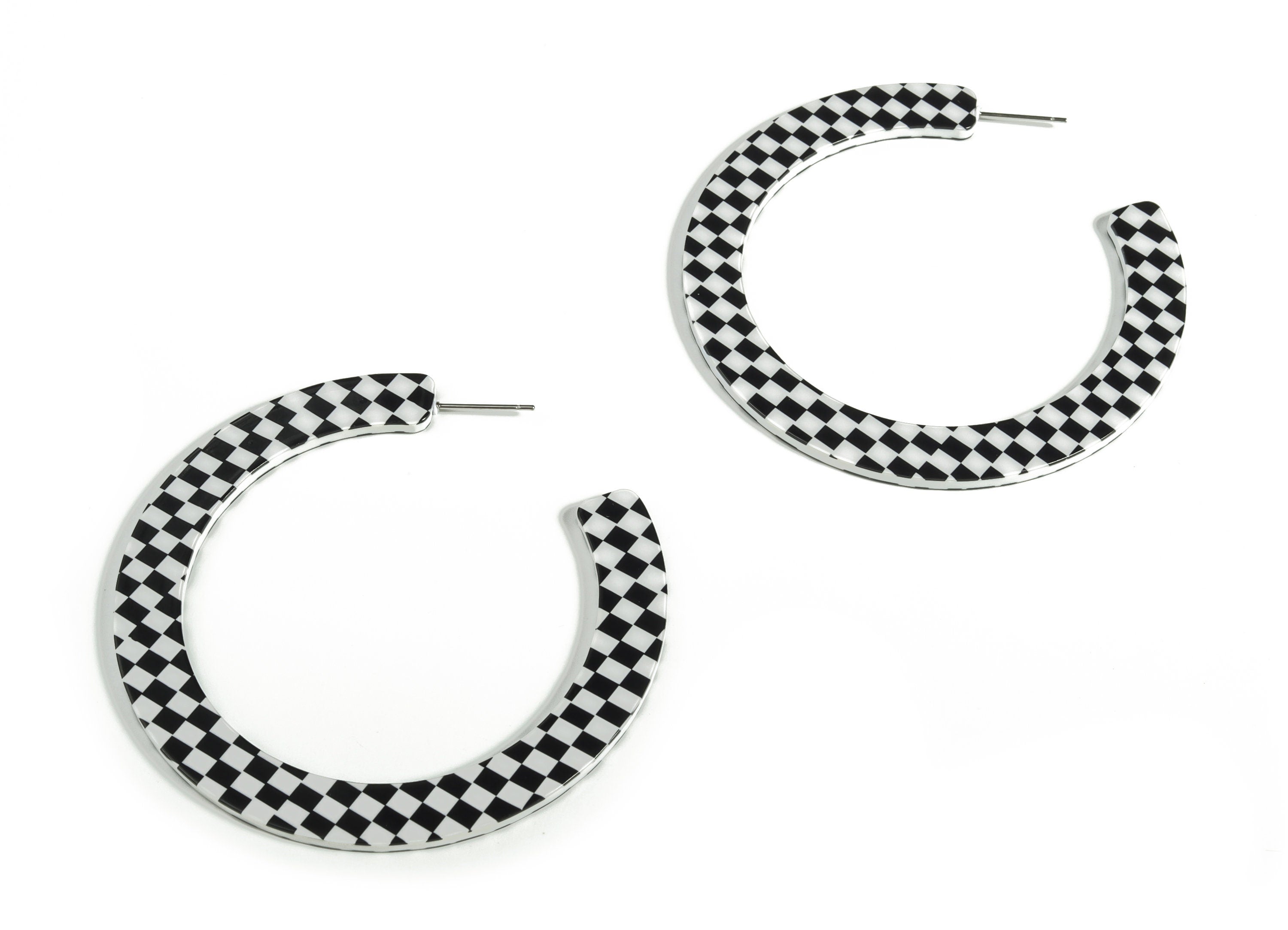 Open Hoops Earrings Stud - Hoop Earrings - Black and White Checkered Round Stud Earring - Acrylic Earning - 63.65x61.65x2.49mm - AC1572-A657 - DOMEDBAZAAR