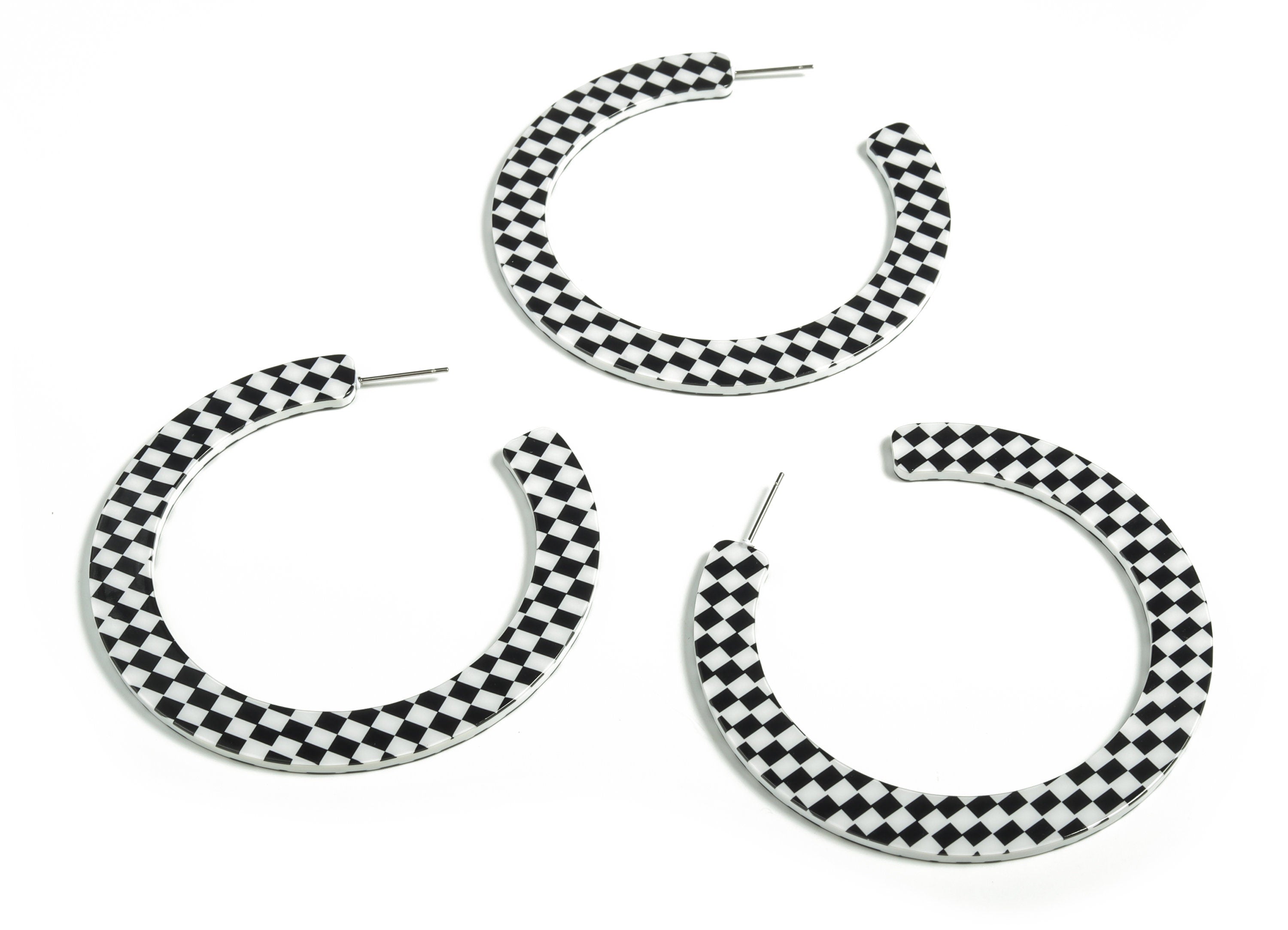 Open Hoops Earrings Stud - Hoop Earrings - Black and White Checkered Round Stud Earring - Acrylic Earning - 63.65x61.65x2.49mm - AC1572-A657 - DOMEDBAZAAR