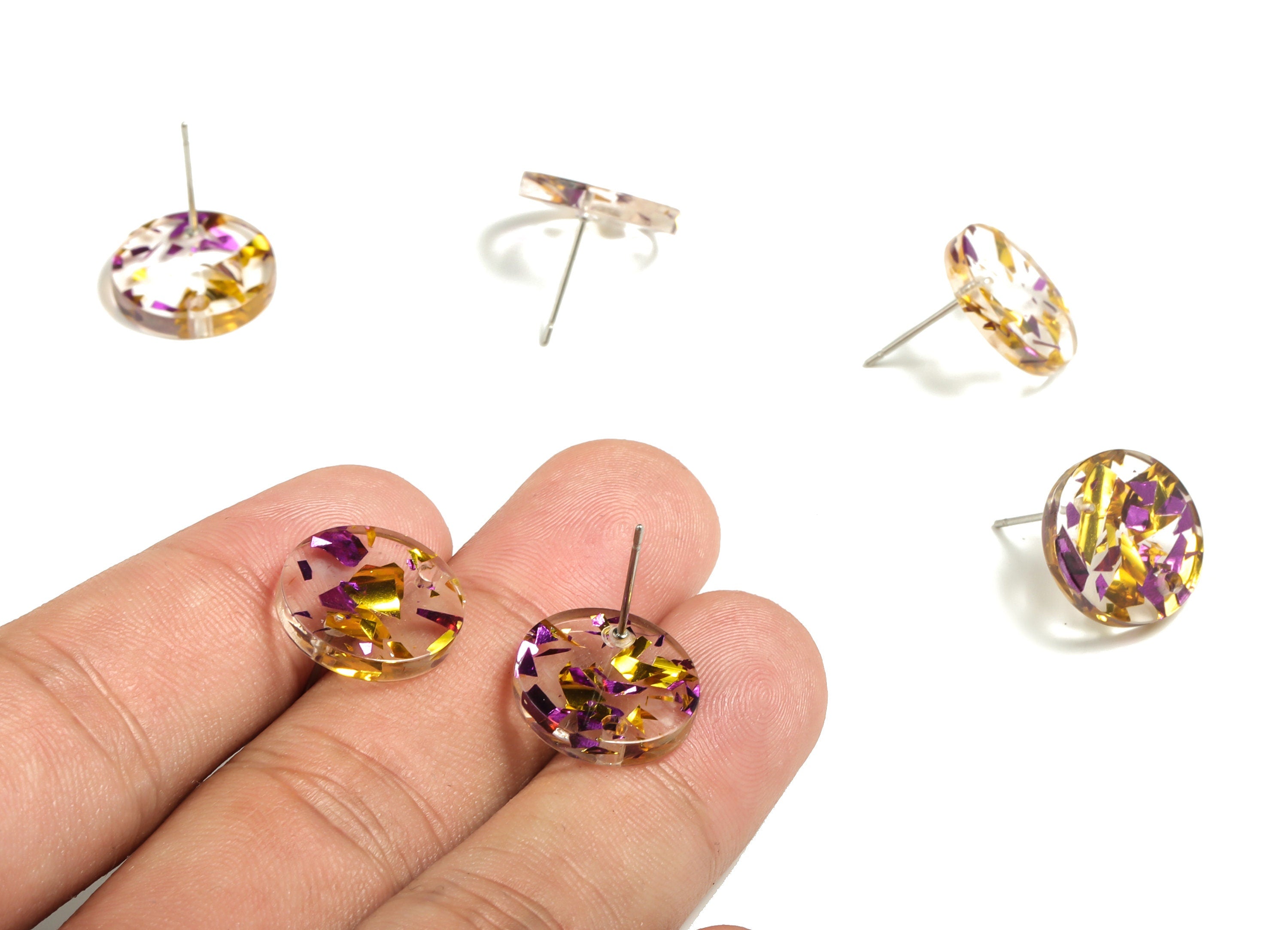 Acrylic Round Earring Stud - Acrylic Round Earring Post - Purple Gold Foil & Confetti - Color Code: A388 - 15x15x2.5mm - AC1672-A388 - DOMEDBAZAAR