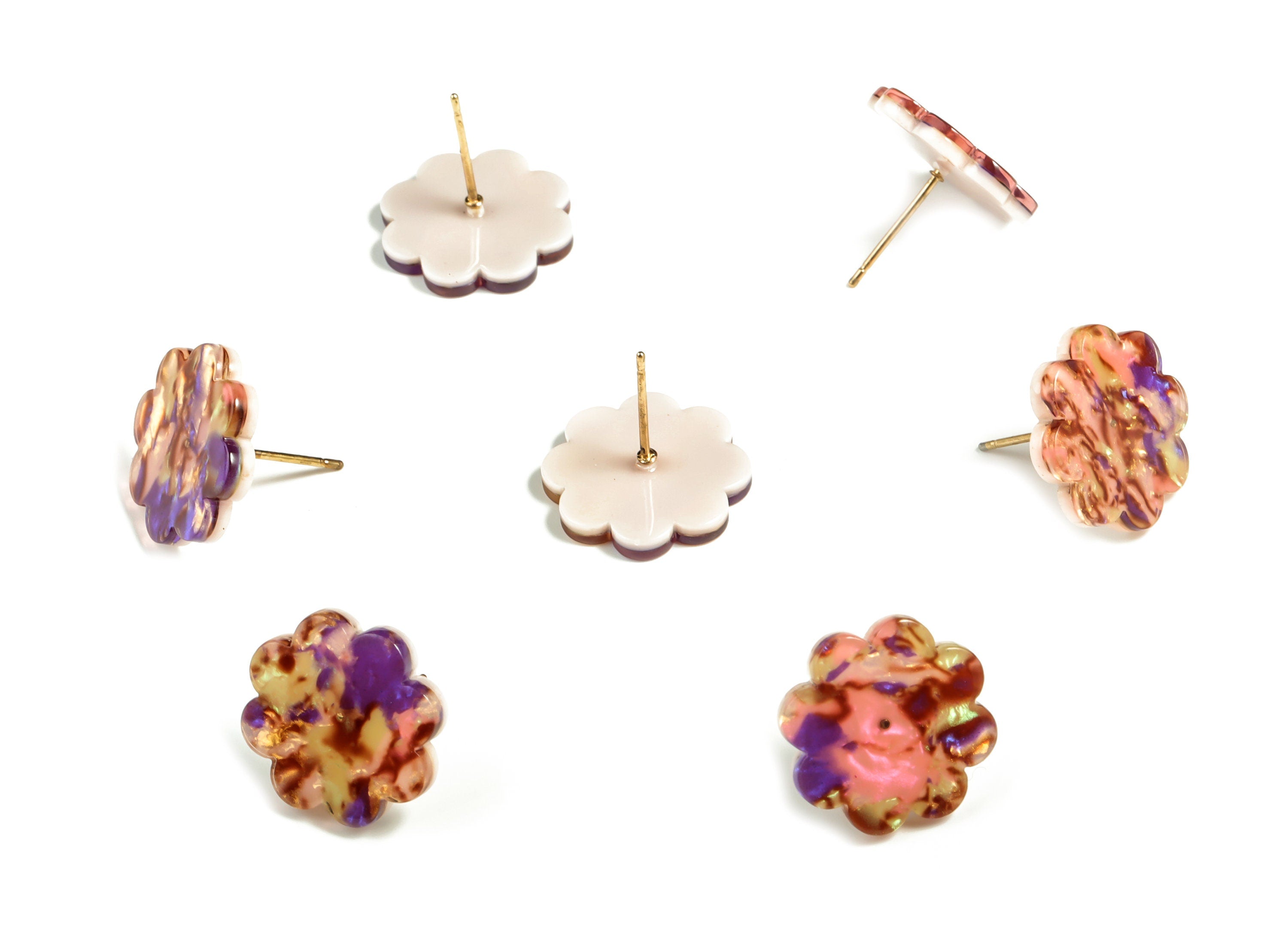 Acrylic Flower Earring Post - Acrylic Flower Stud - Gold Tone Plated Stud - Color Code: A447 - 16.72x16.58x2.72mm - AC2293-A447G - DOMEDBAZAAR