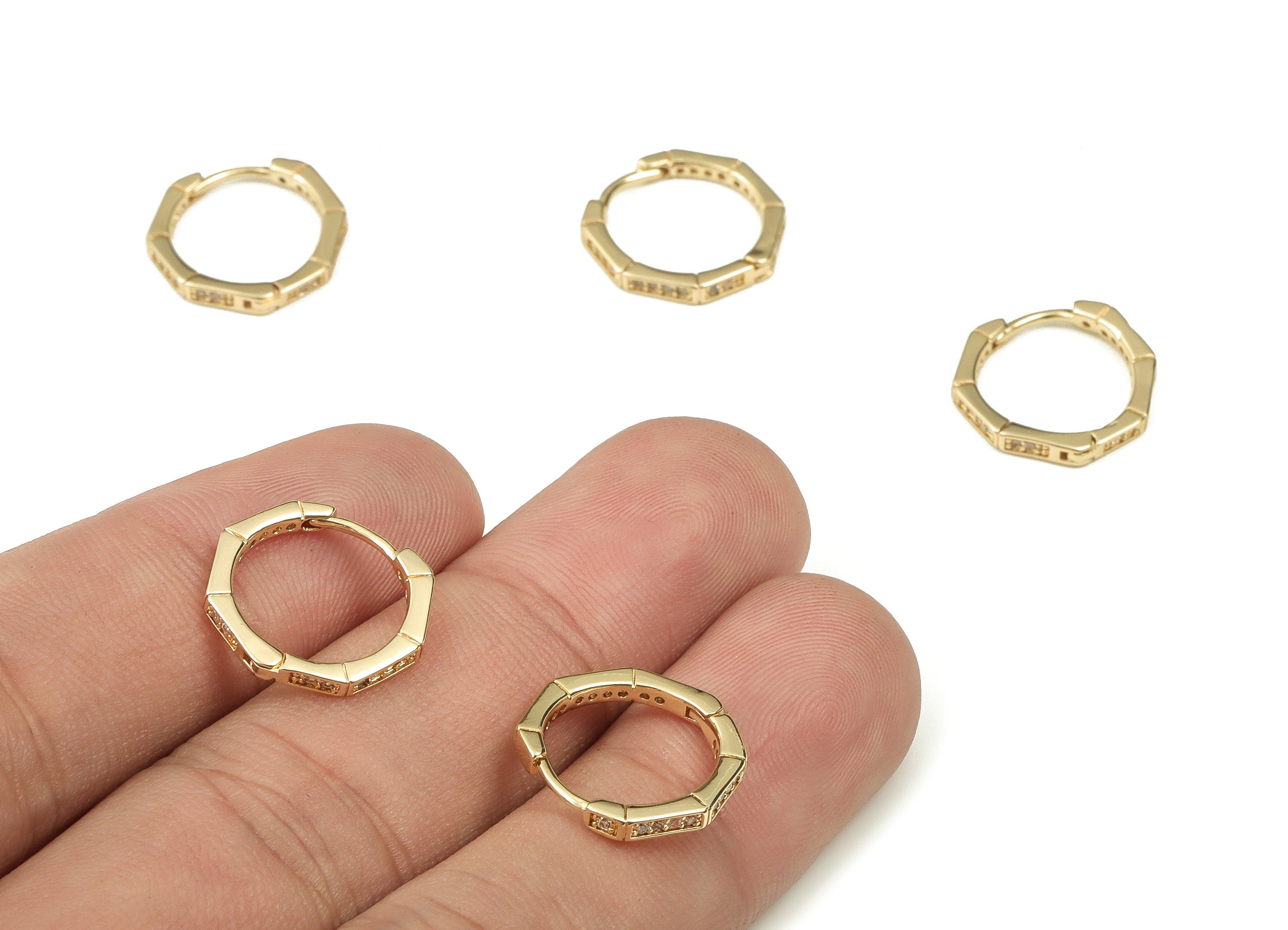 Octagon Hoop Earrings - Brass Zircon Huggie Hoop Earrings – Dainty Octagon Earrings - Jewelry Making Supplies - 15.24x14.43x1.65mm - RGP3762 - DOMEDBAZAAR