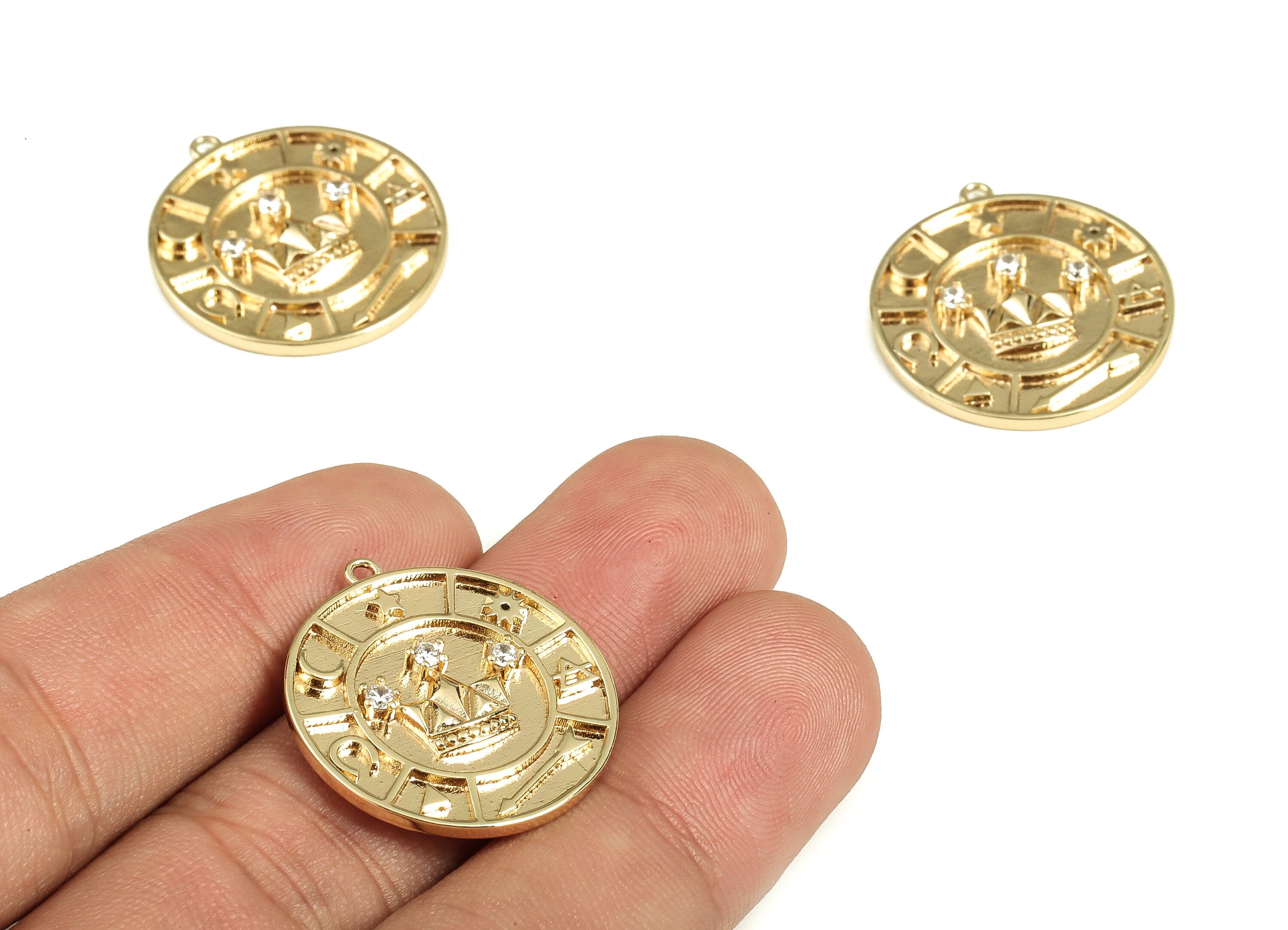 Brass Circle Crown Earring - Gold With Zircon Crown Pendant - 18K Real Gold Plated Brass - Jewelry Supplies - 25.32x23.16x2.66mm - RGP3535 - DOMEDBAZAAR