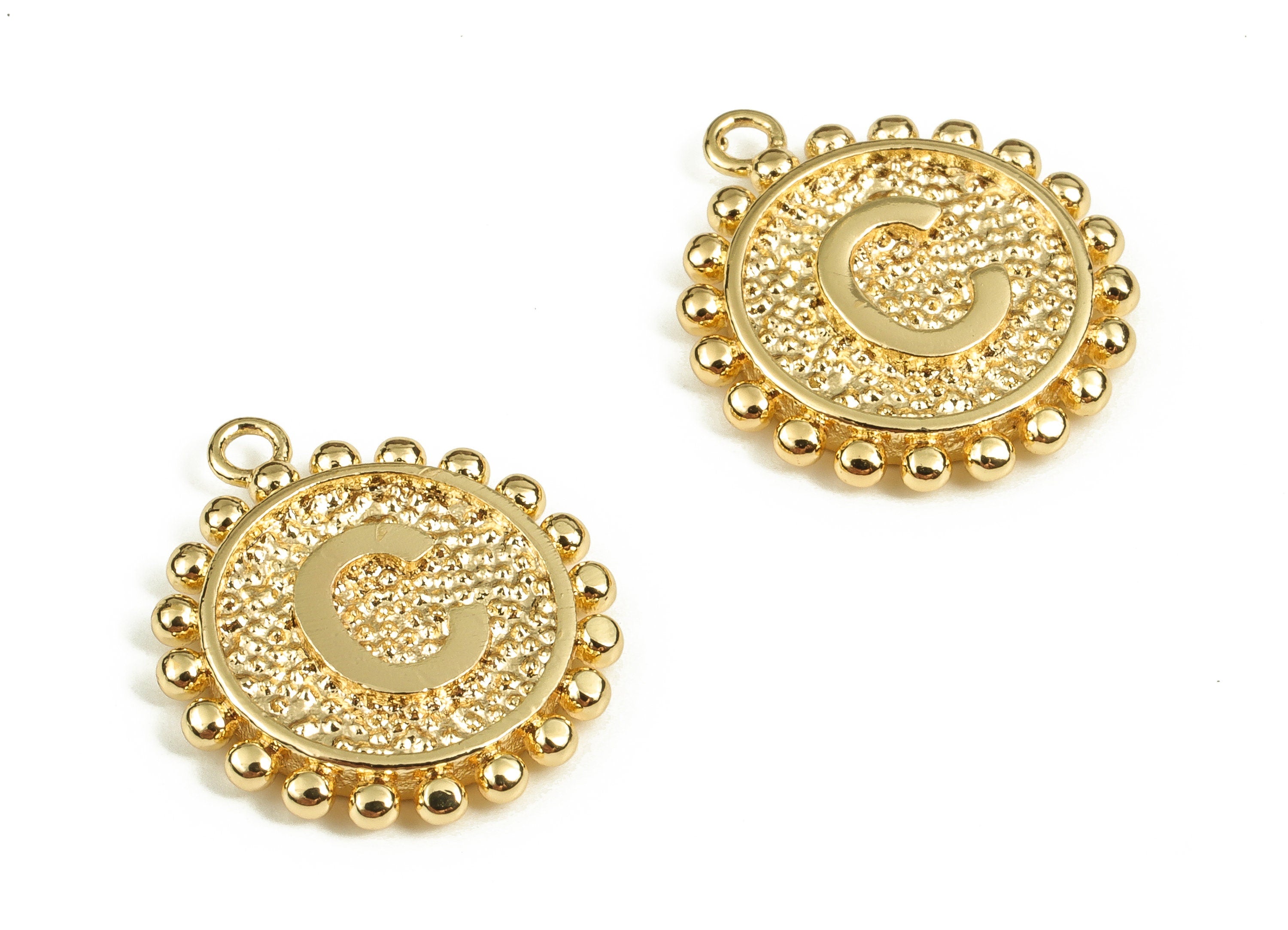 Brass Round Letter C Charms – Initial C Gold Round Pendant – 18K Real Gold Plated Brass – Jewelry Supplies - 18.1x15.78x2.45mm - RGP3774C - DOMEDBAZAAR