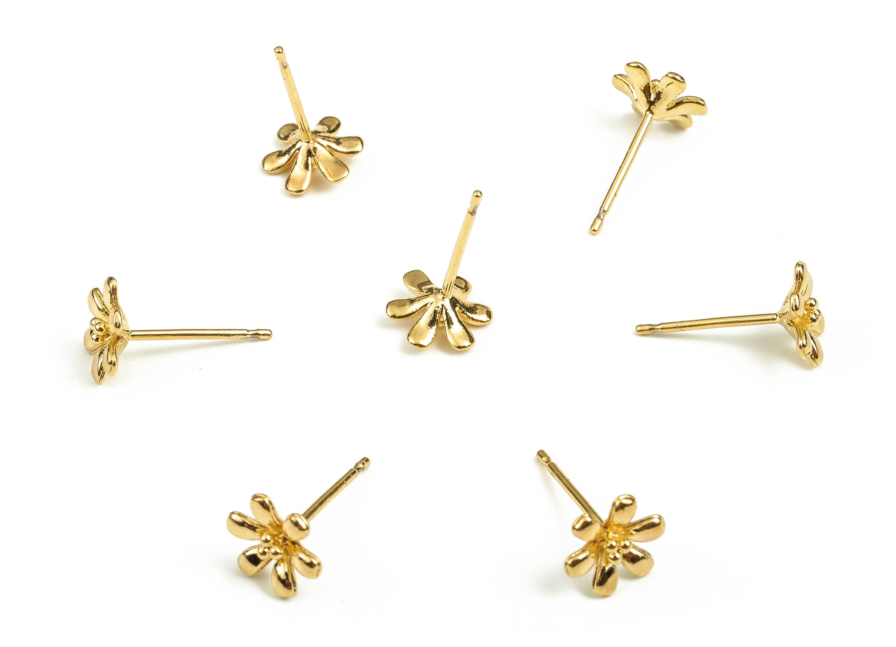 Brass Flower Earring Post - Gold Flower Earring Stud - 18K Real Gold Plated Brass - Stainless Steel Stud - 7.91x7.91x1.35mm - RGP3805 - DOMEDBAZAAR
