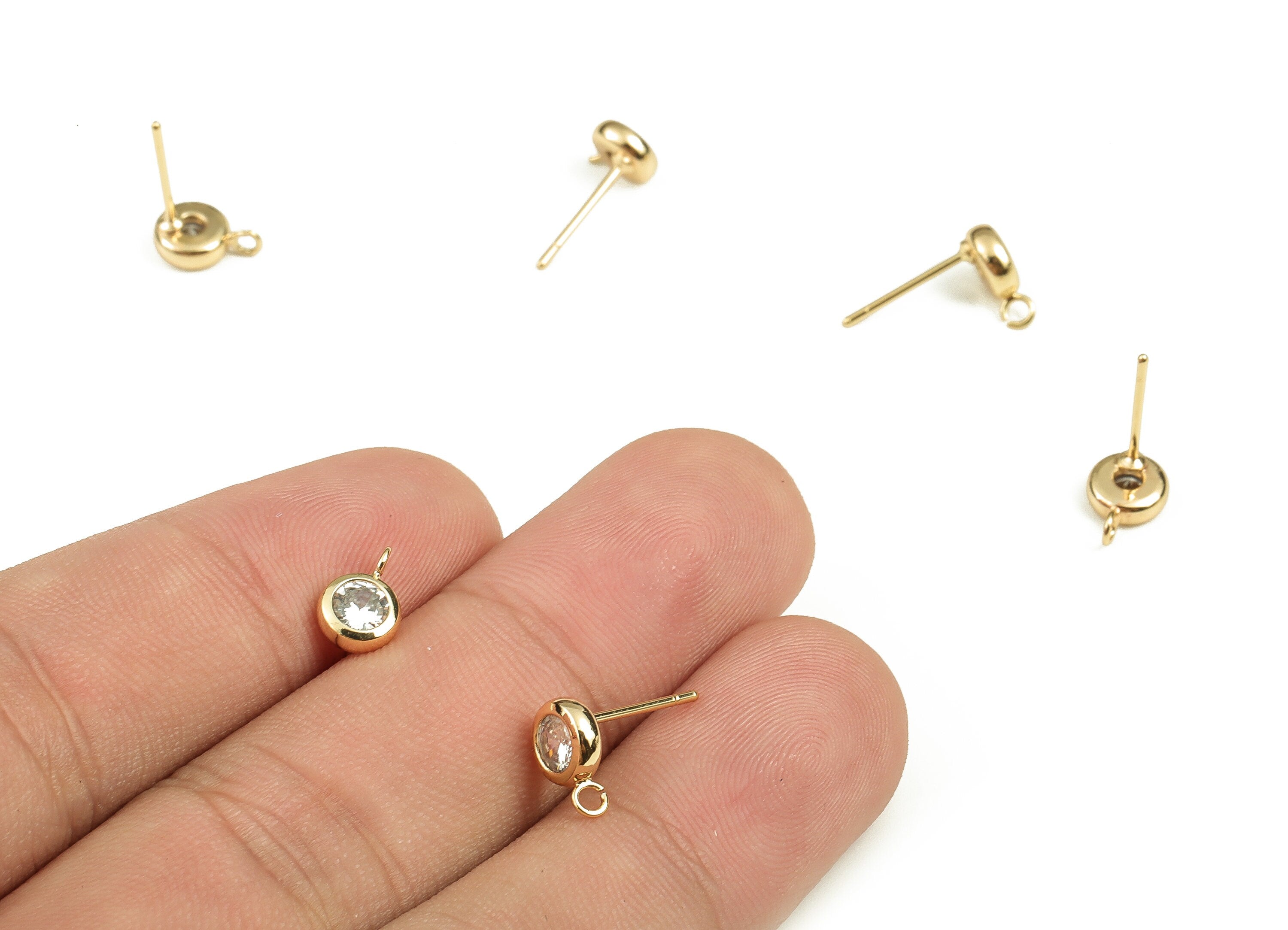 Brass Round Earring Stud With Zircons - Gold Circle Post - Stainless Steel Stud - 18K Real Gold Plated Brass – 8.52x6.09x2.65mm - RGP3806 - DOMEDBAZAAR