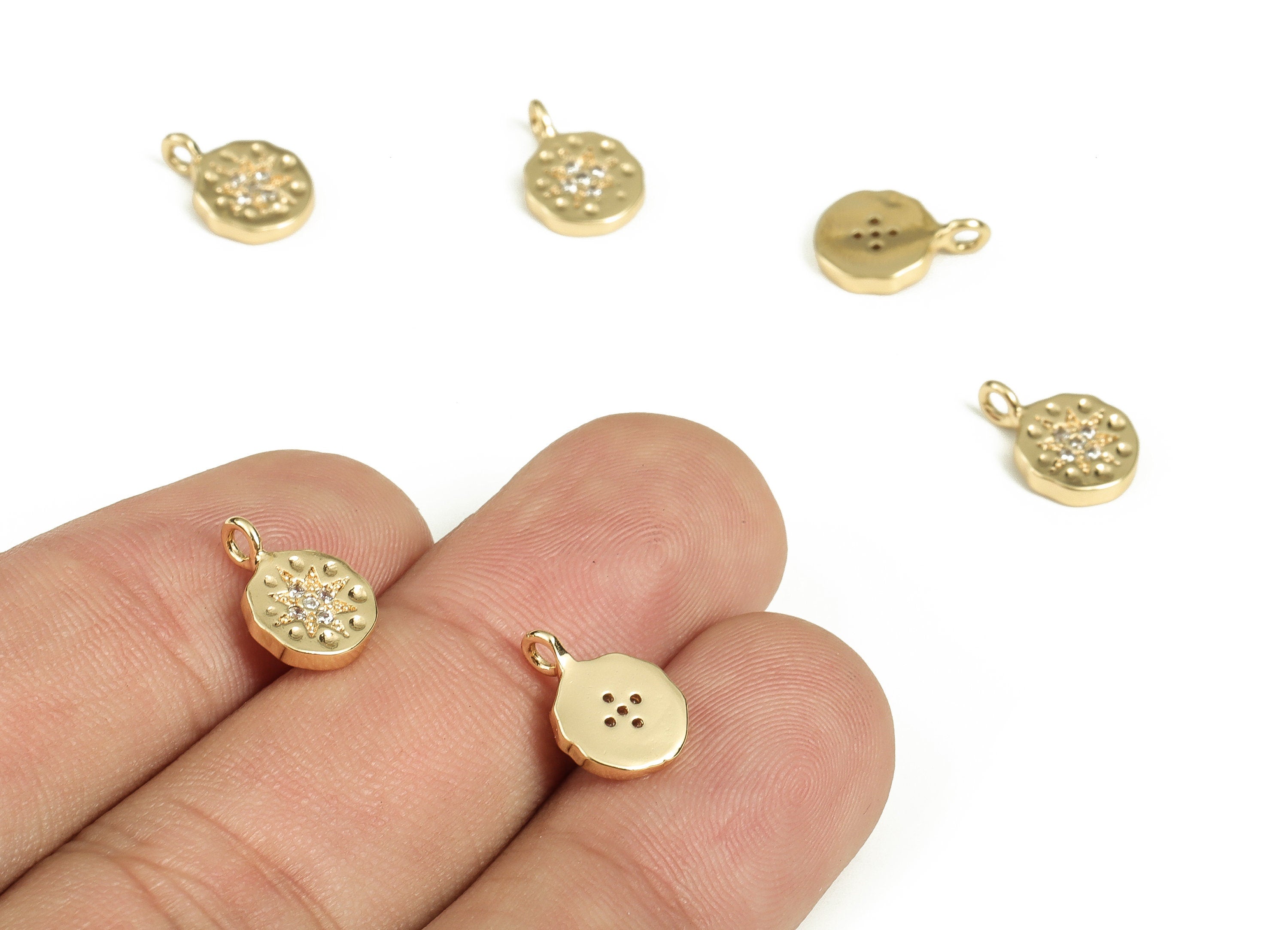 Brass Round Earring Charms With Zircons - Gold Star Pendant - 18K Real Gold Plated Brass - Jewelry Supplies - 11.13x7.72x1.63mm - RGP3869 - DOMEDBAZAAR